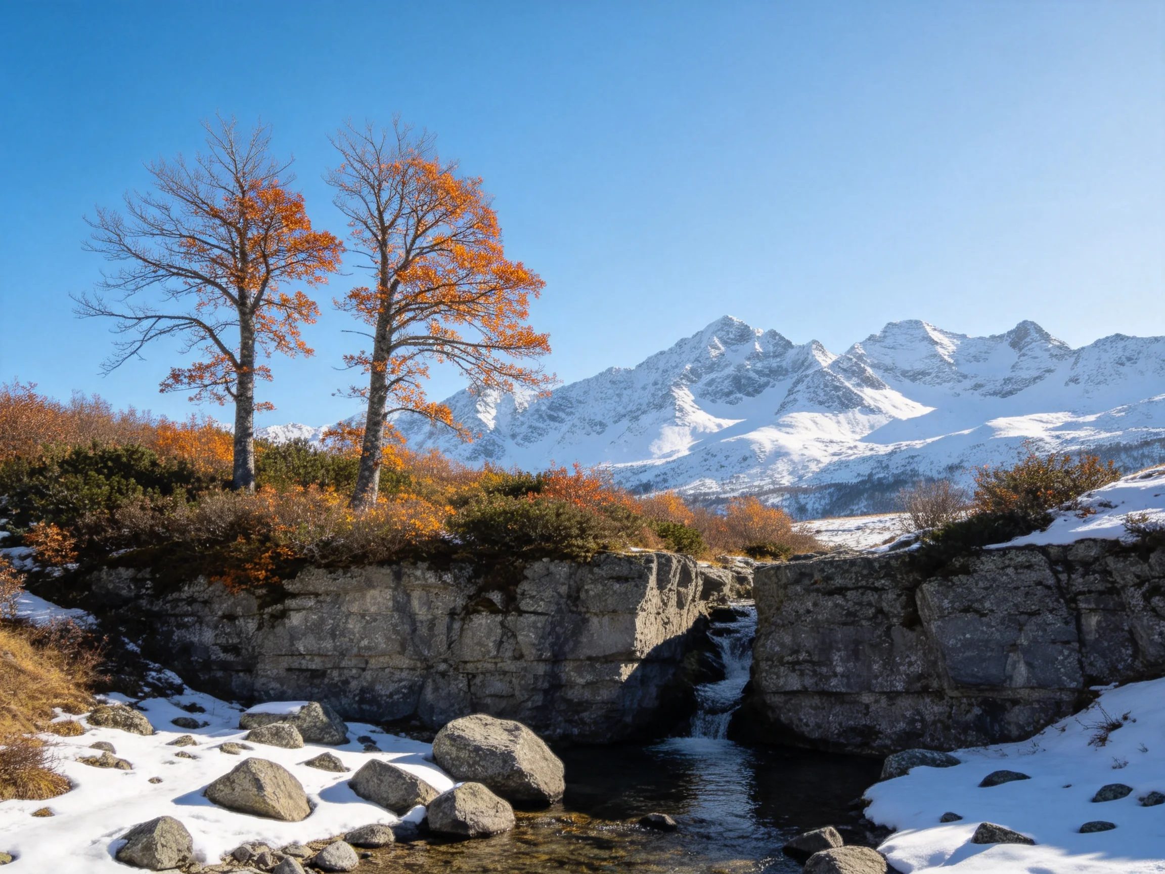 Snow-capped peaks tower over rocky cliffs with autumn trees and a flowing stream