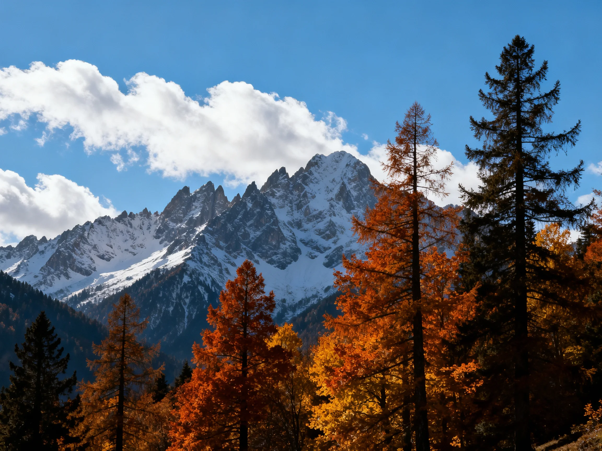 Snow-capped peaks tower over vibrant autumn forests under a clear blue sky