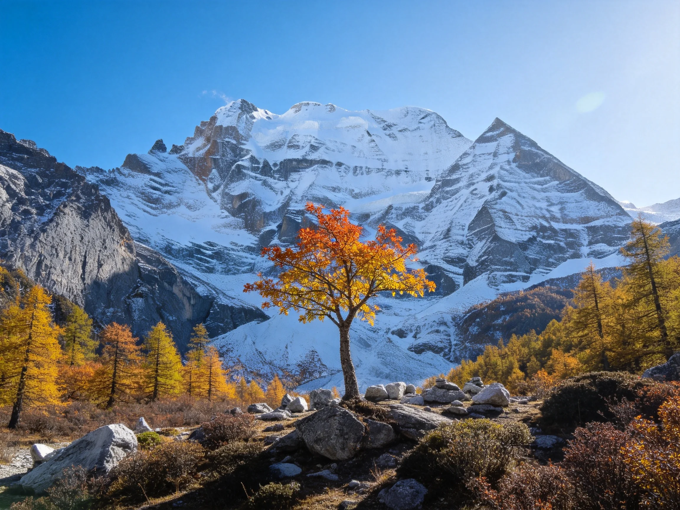 Snow-capped peaks tower over vibrant autumn trees and rocky terrain