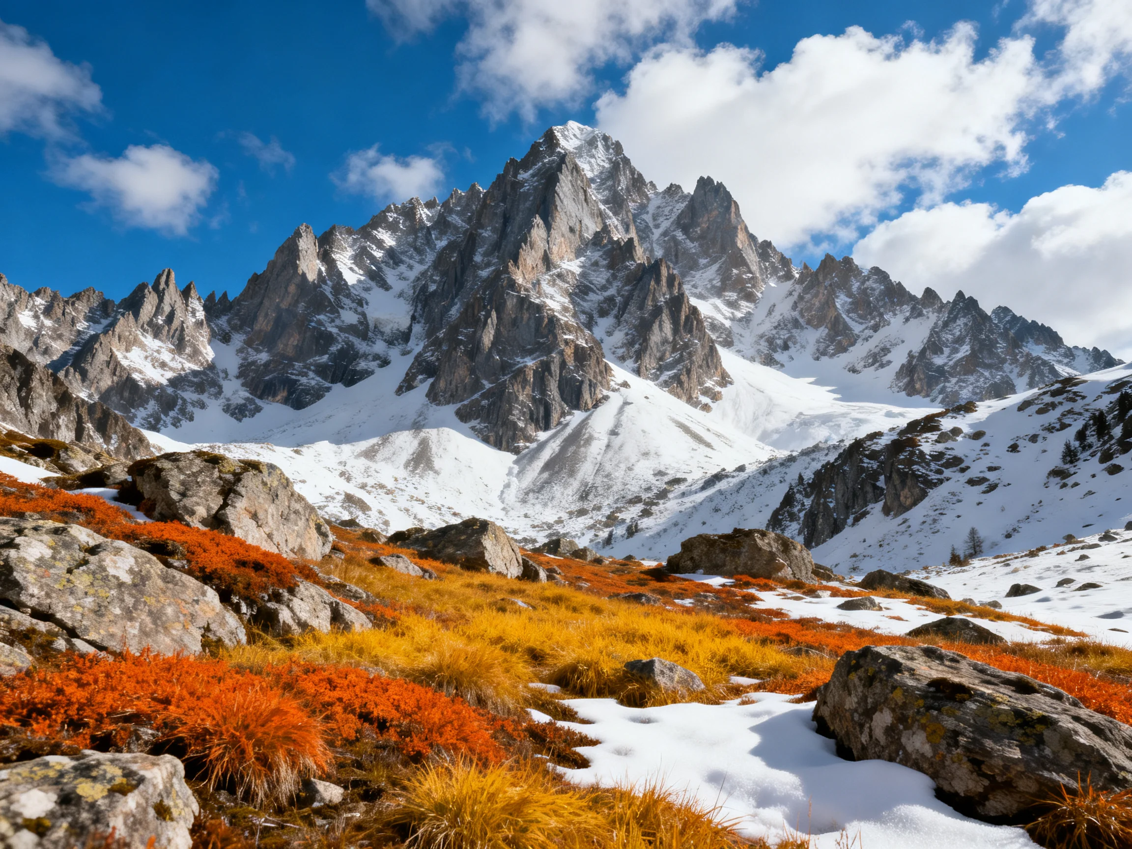 Snow - capped peaks tower over vibrant autumnal slopes with rocky terrain