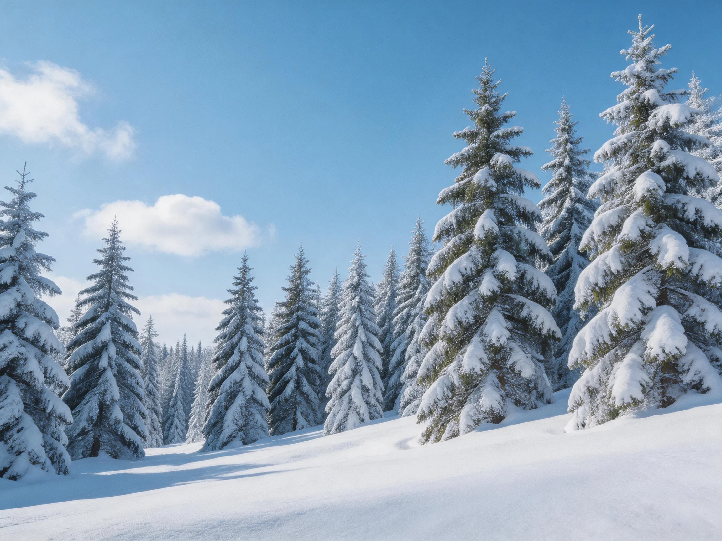 Snow-covered evergreen forest beneath bright blue sky