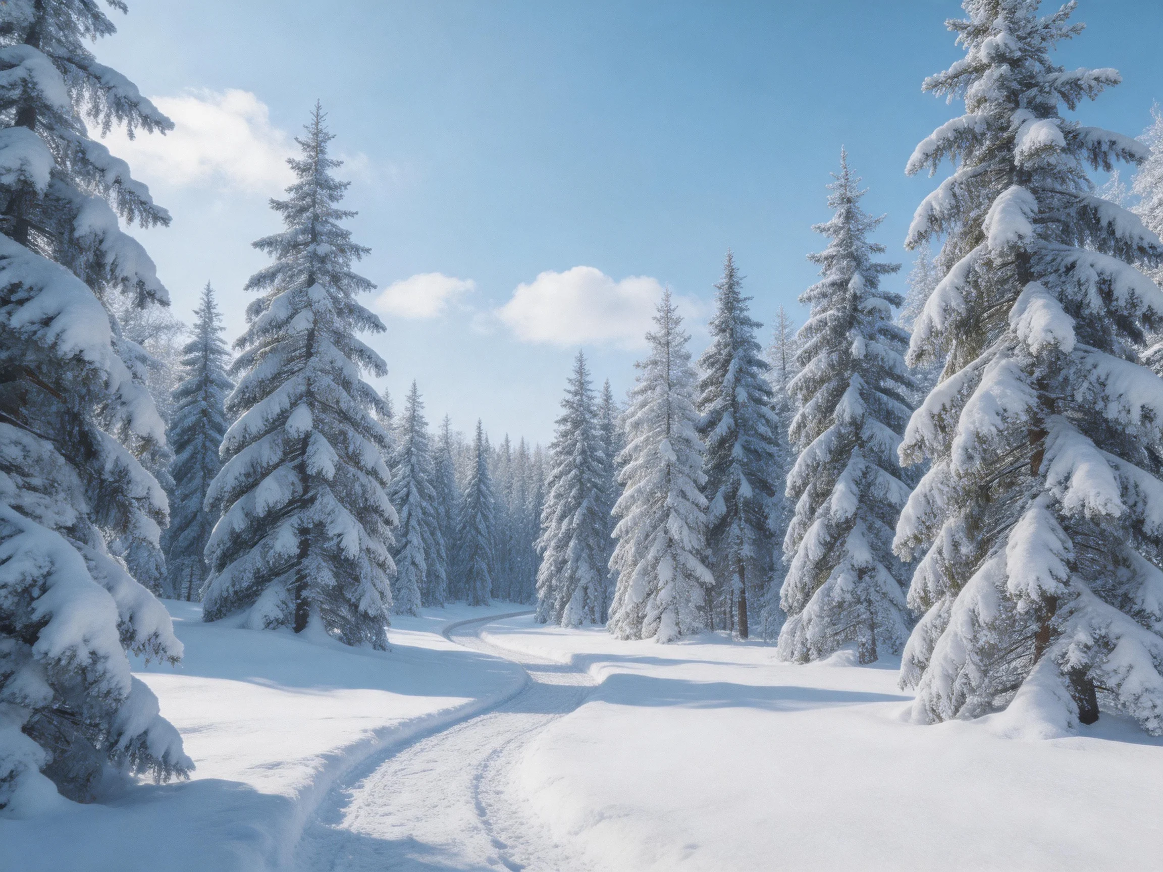 Snow-covered evergreen trees border a winding path in a peaceful winter forest