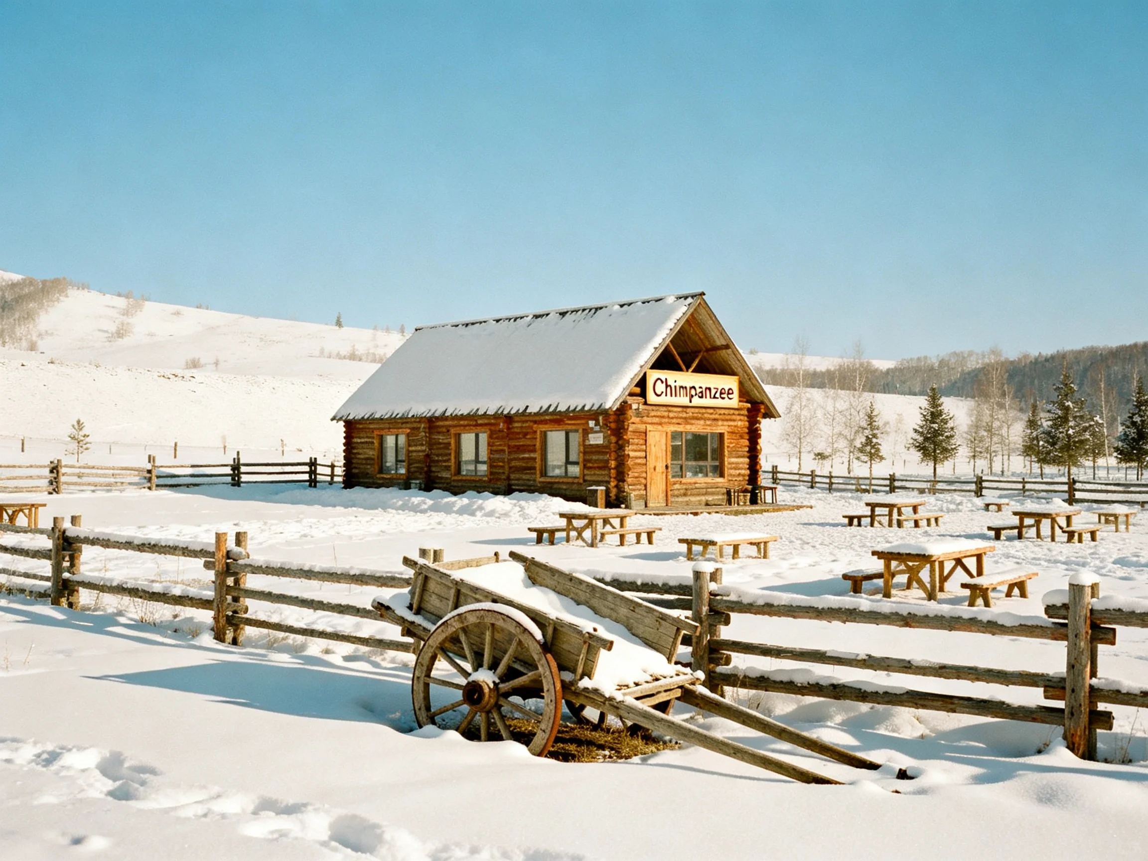 Snow - covered log cabin Chimpanzee with picnic tables and old cart