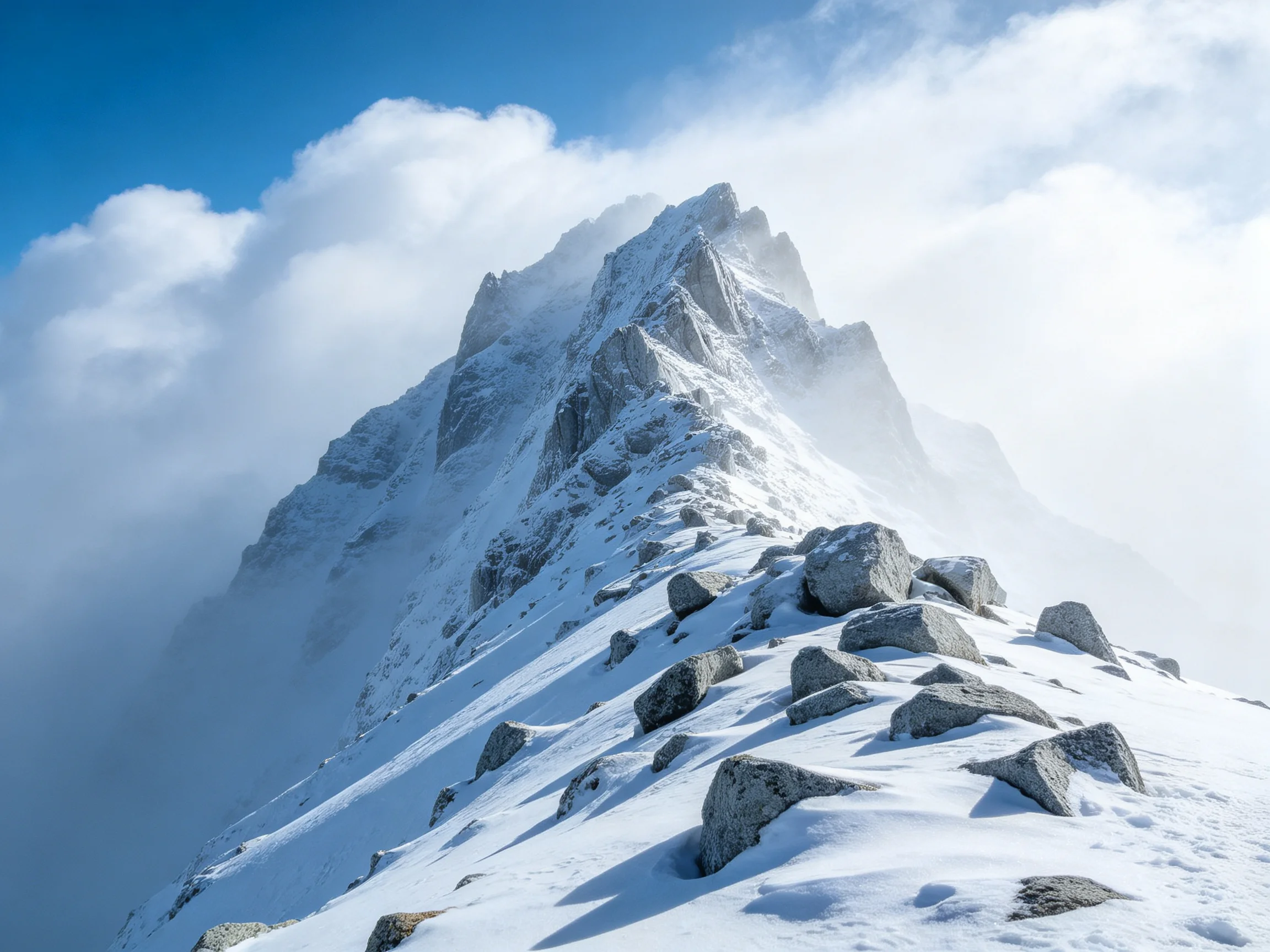 Snow - covered mountain peak with rocky slope and misty clouds