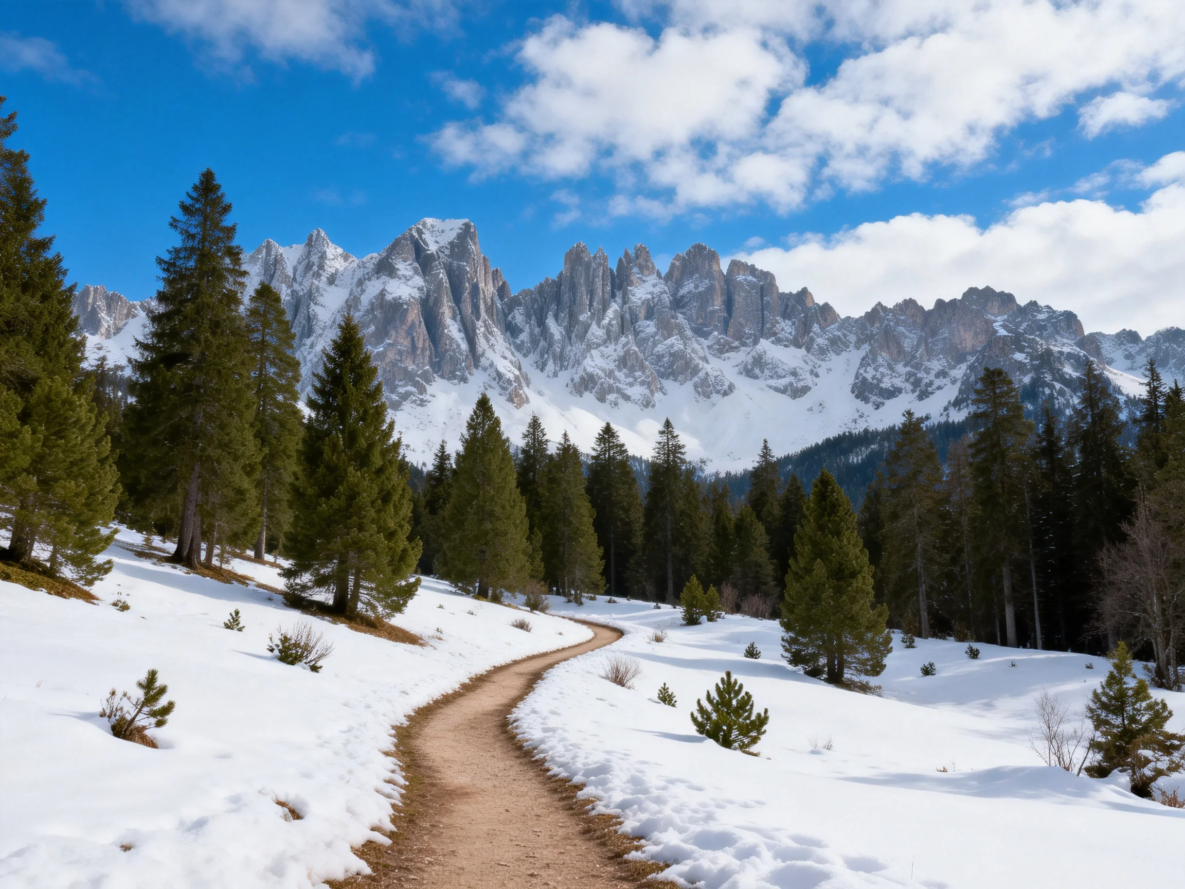 Snow-covered mountain peaks behind pine forest with winding dirt path