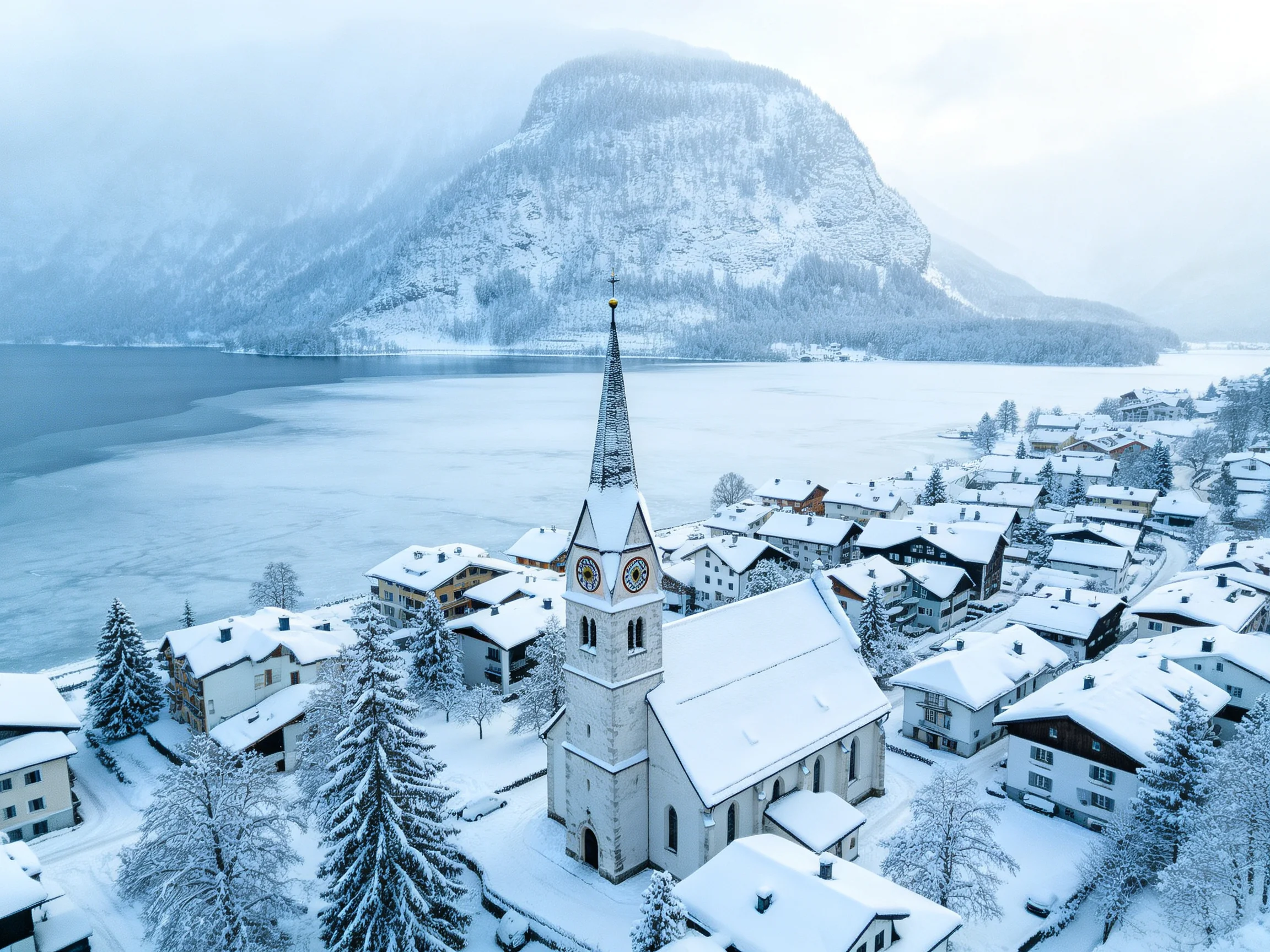 Snow-covered village with a tall church near a frozen lake and mountain