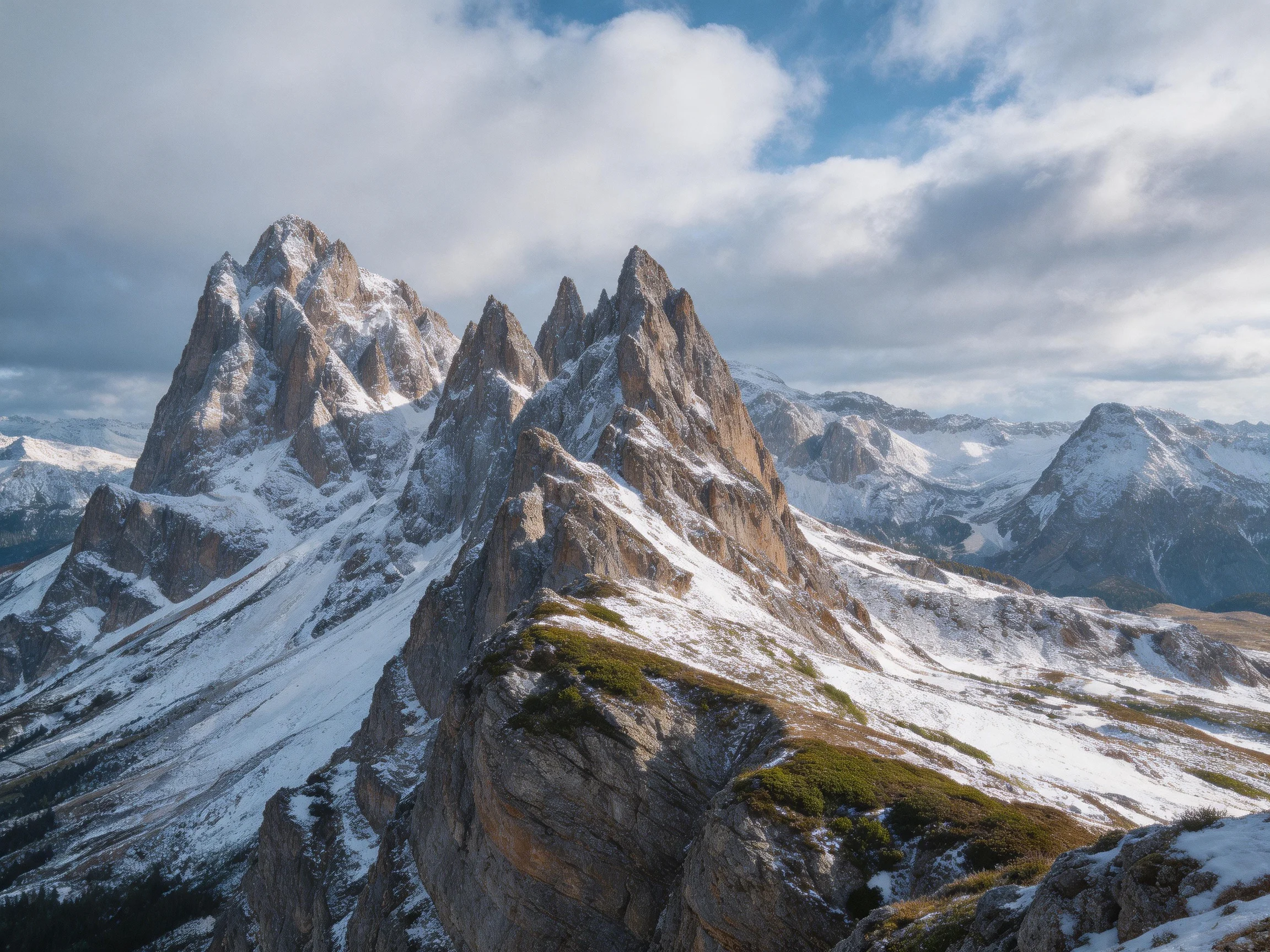Snow-draped jagged peaks and rugged mountain terrain beneath cloudy skies
