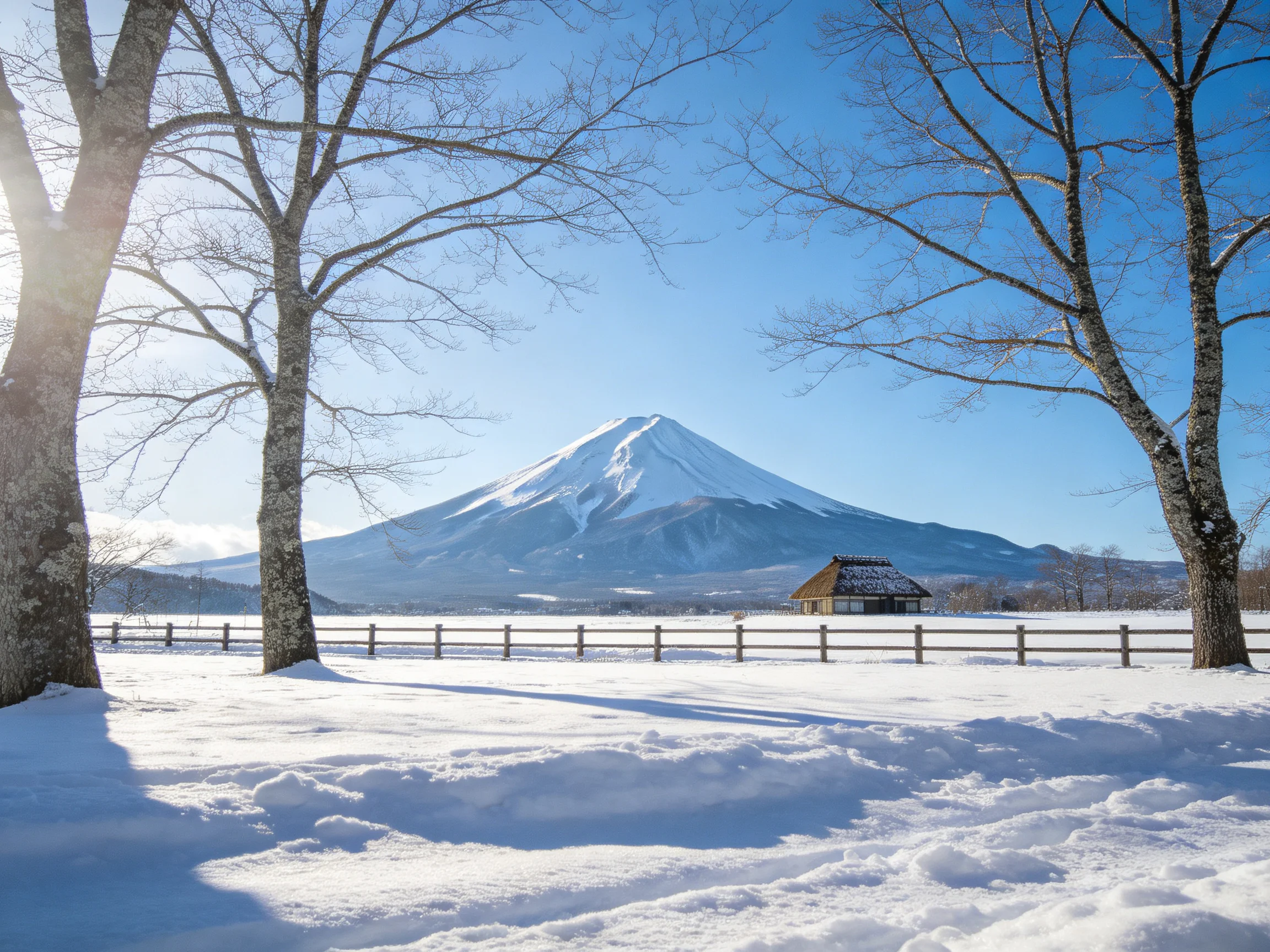 Snowy Mount Fuji scene with bare trees, wooden fence, and a rustic cabin