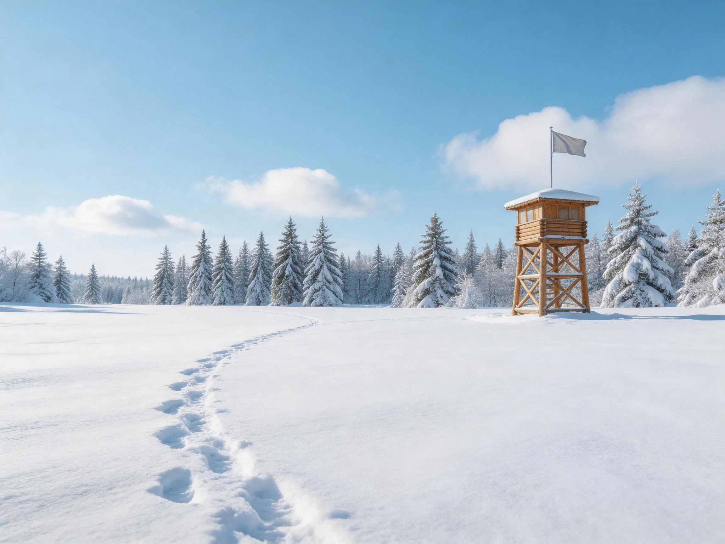 Snowy landscape with wooden observation tower and frosty evergreens