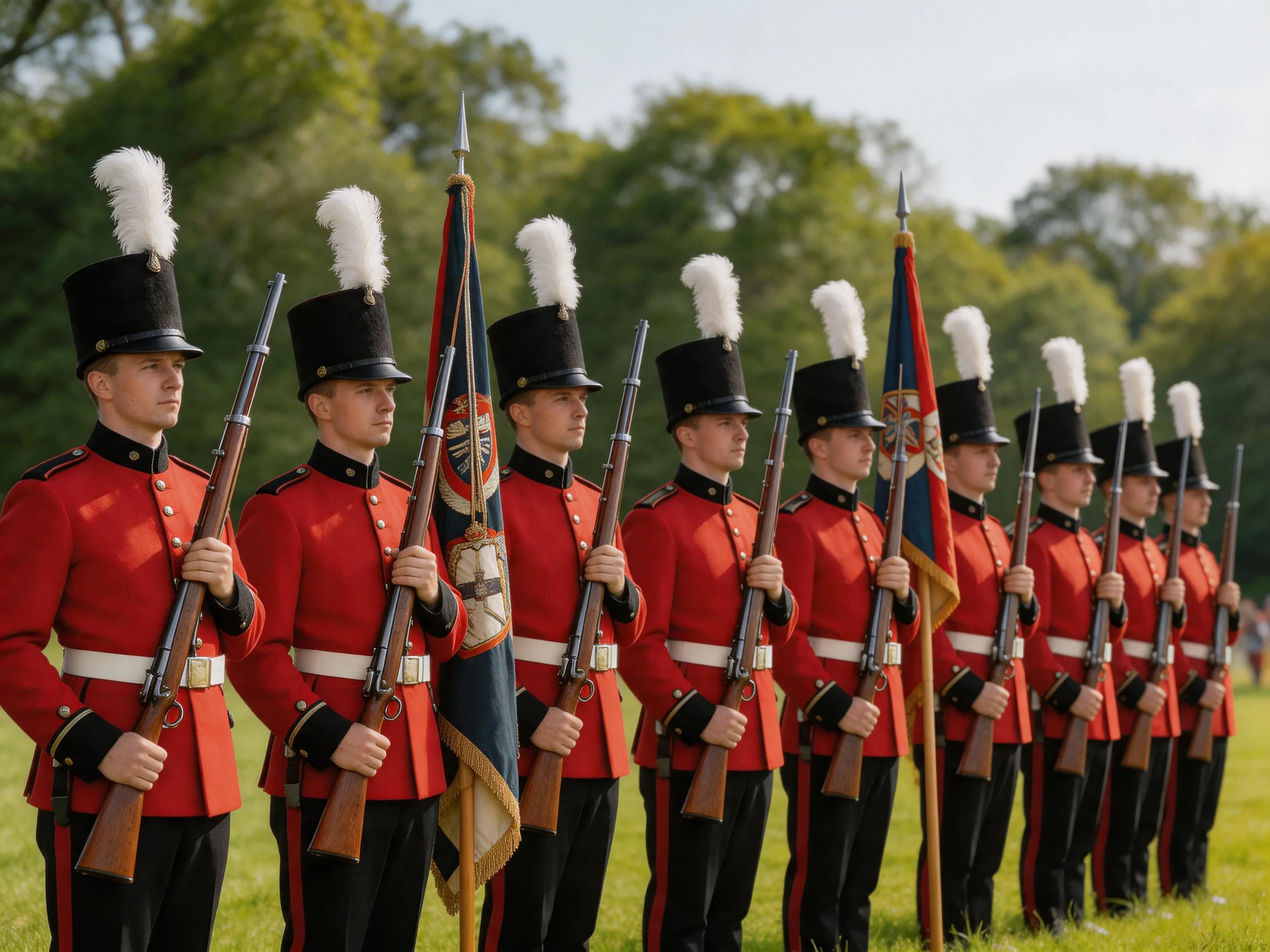 Soldiers in red uniforms stand in formation outdoors