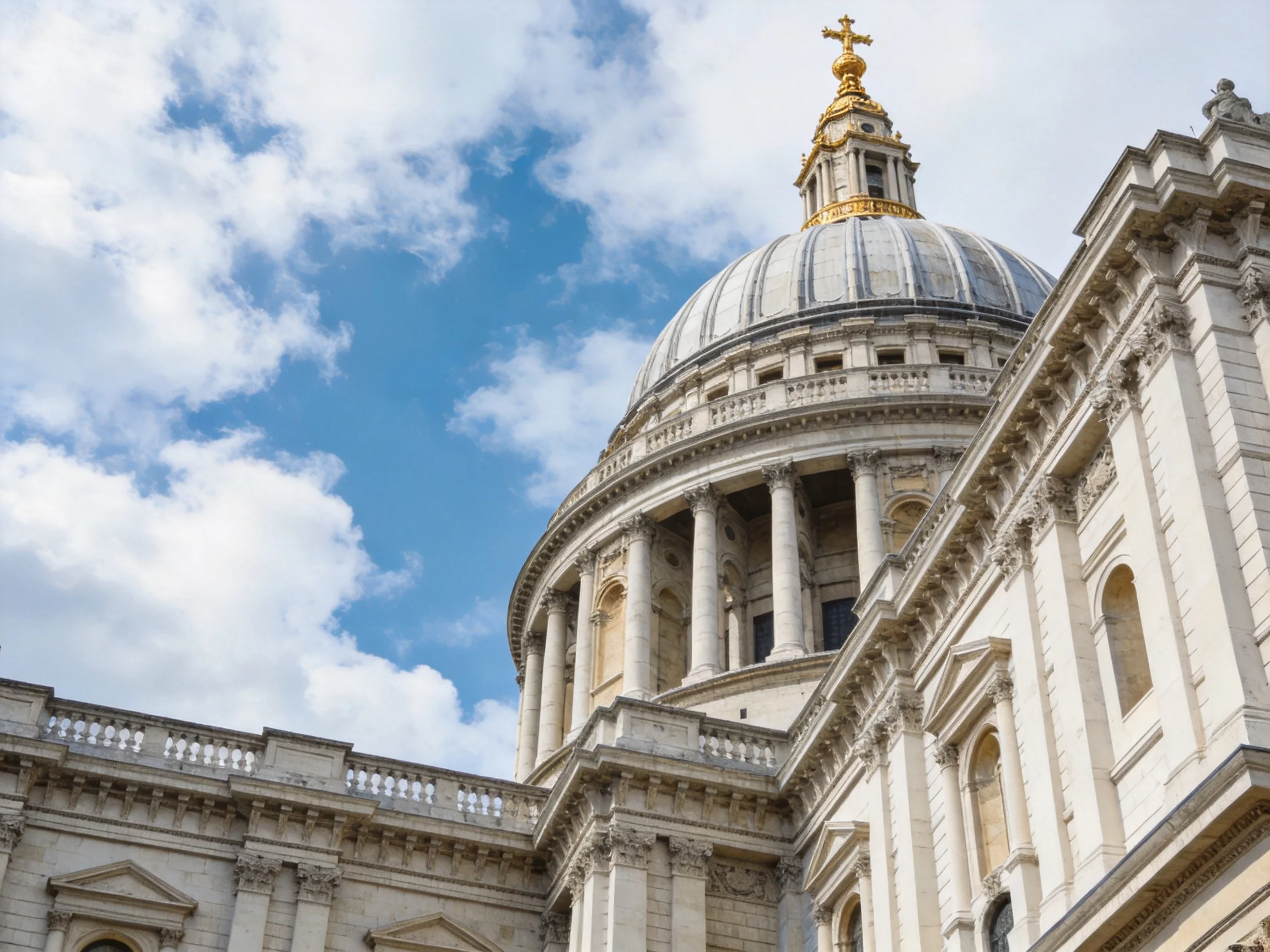 St Paul’s Cathedral dome with golden cross under bright blue sky