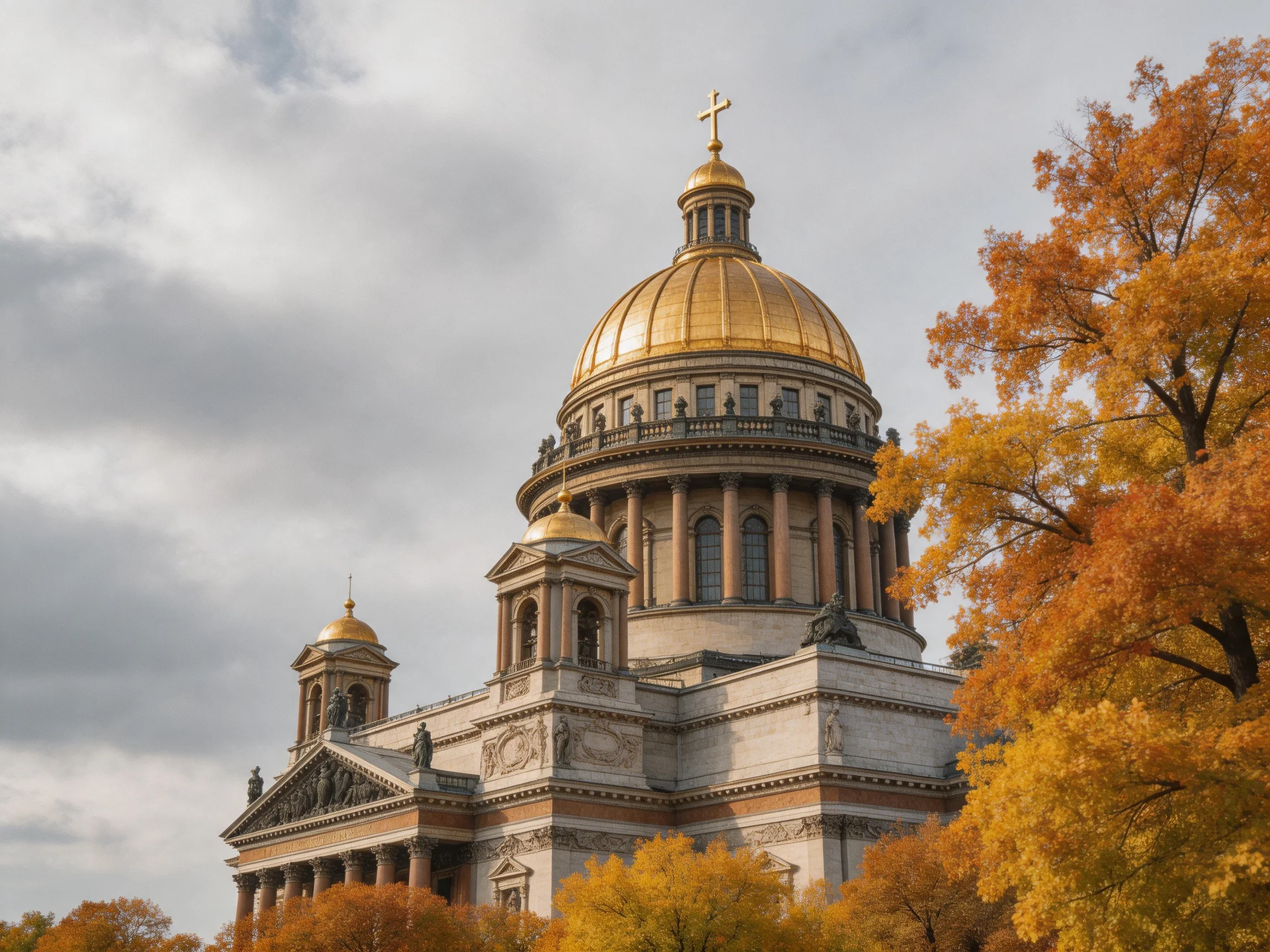 St. Isaacs Cathedral with golden dome and autumn foliage