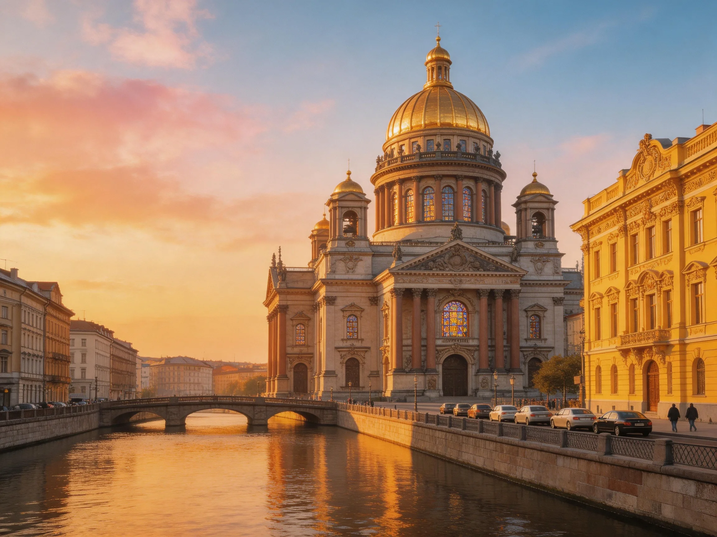 St. Isaacs Cathedral with golden dome near a canal at sunset