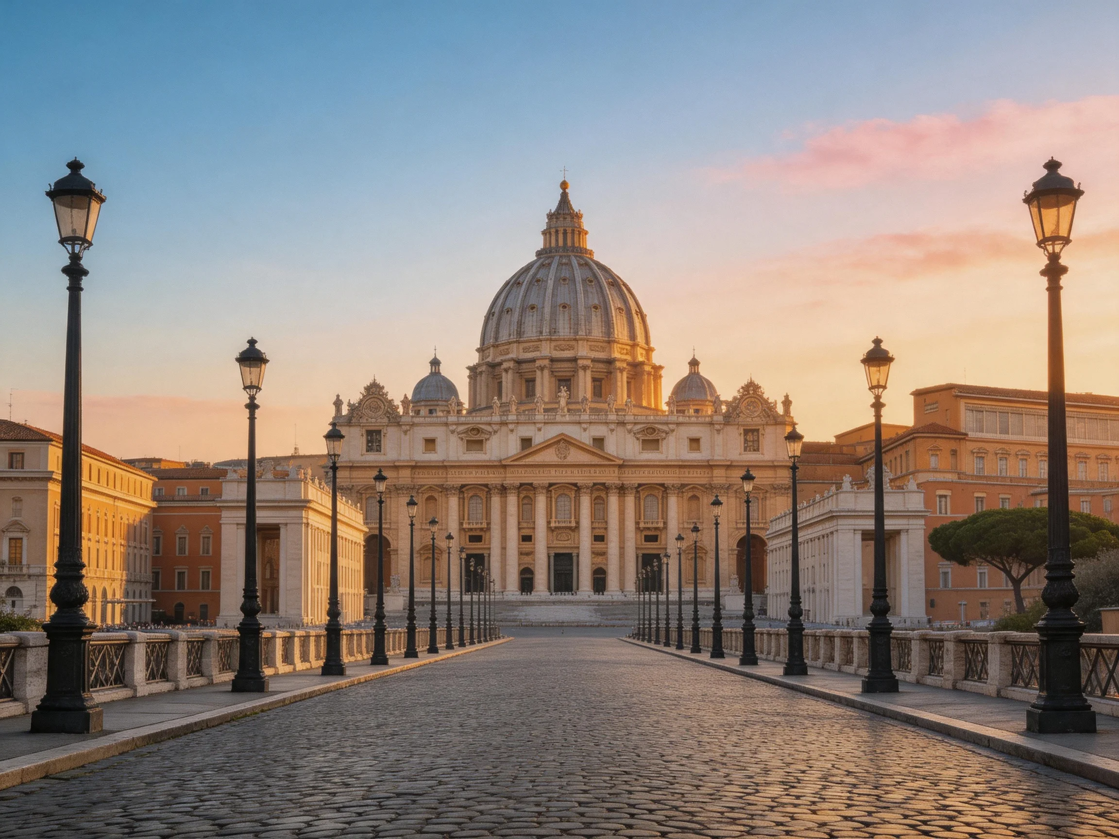 St. Peters Basilica Lit by Sunset Over Cobblestone Path