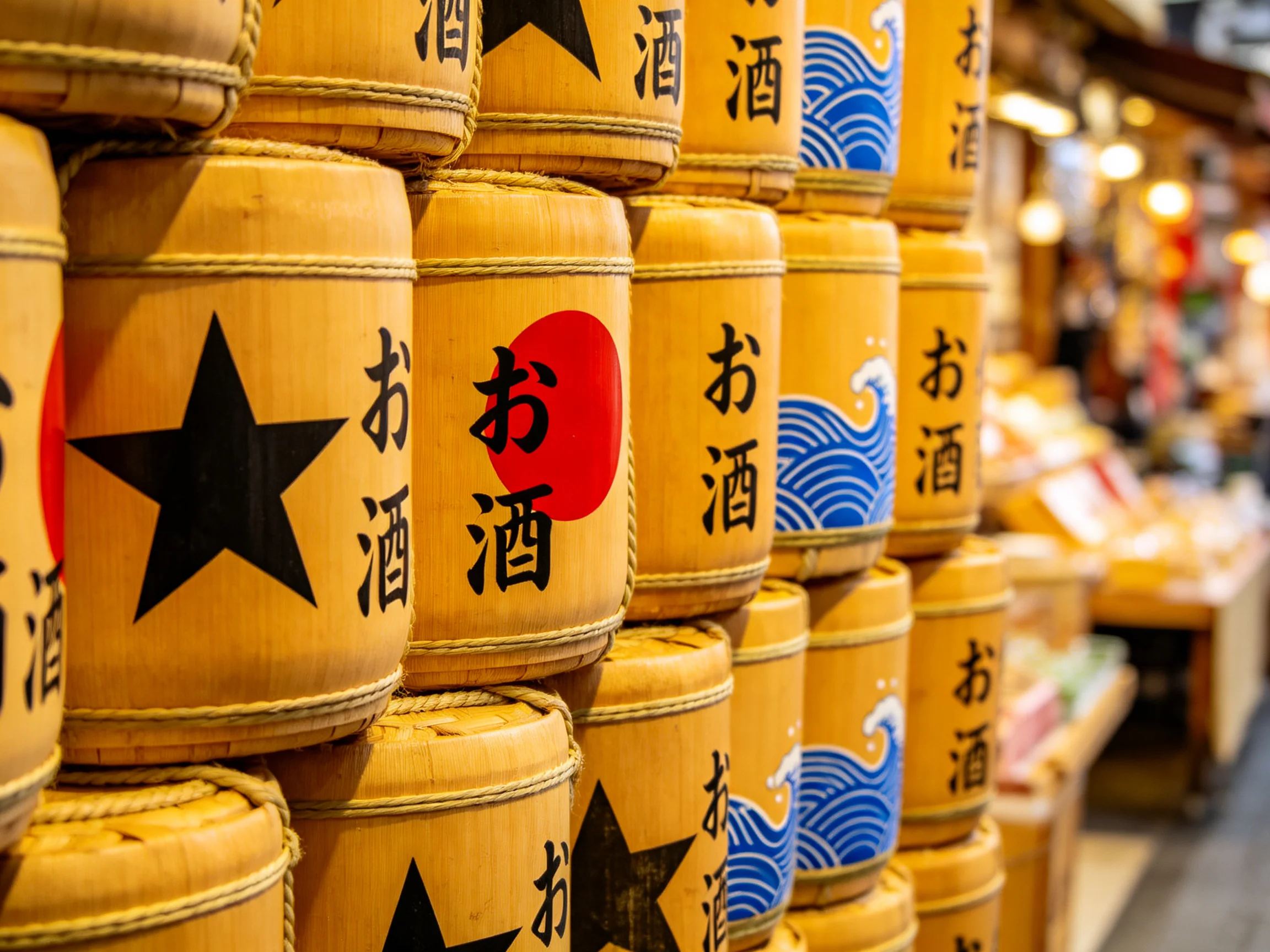 Stacked bamboo sake barrels decorated with star, wave, and red designs