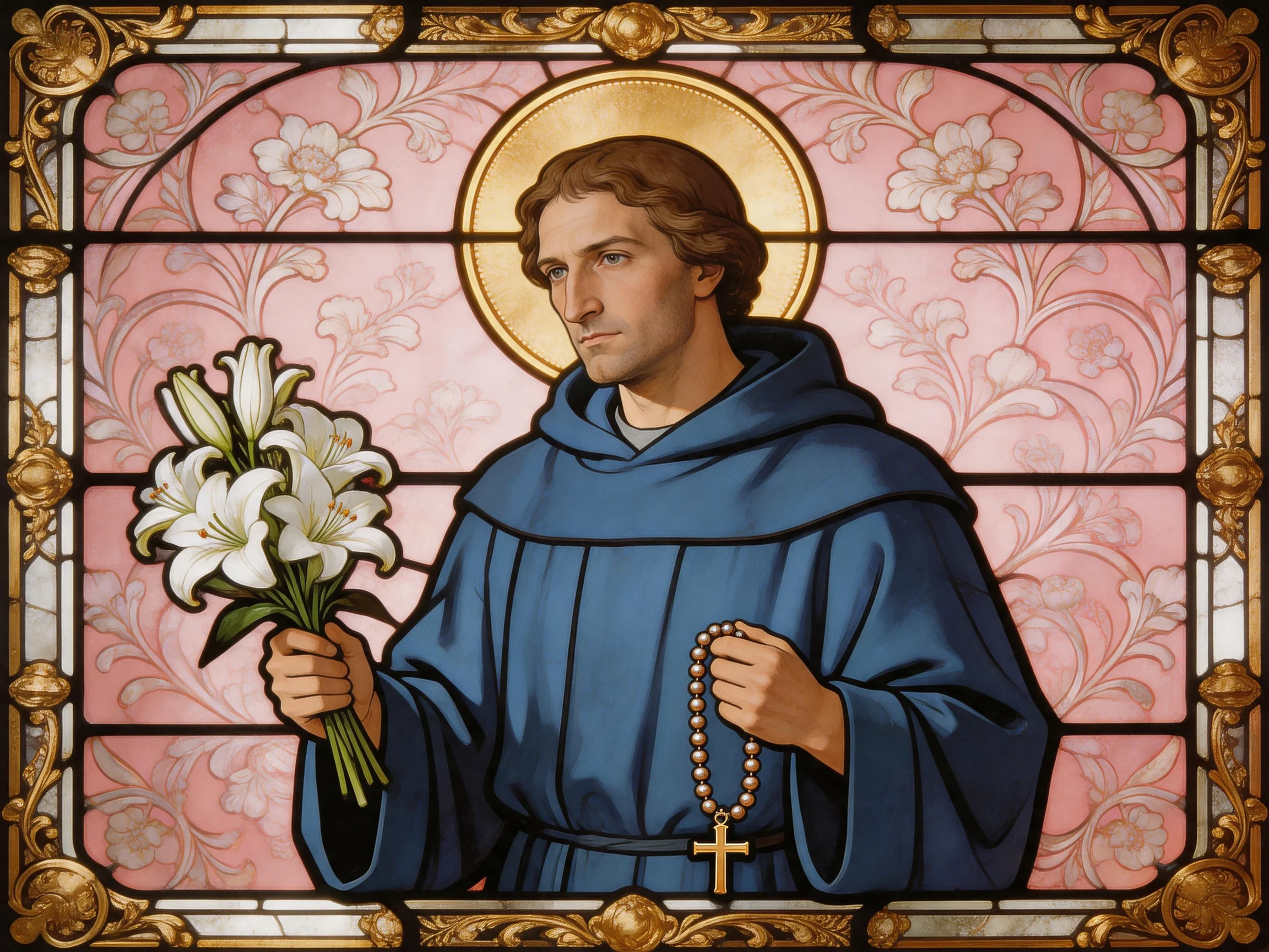Stained Glass Depiction of a Monk with Lilies and Rosary