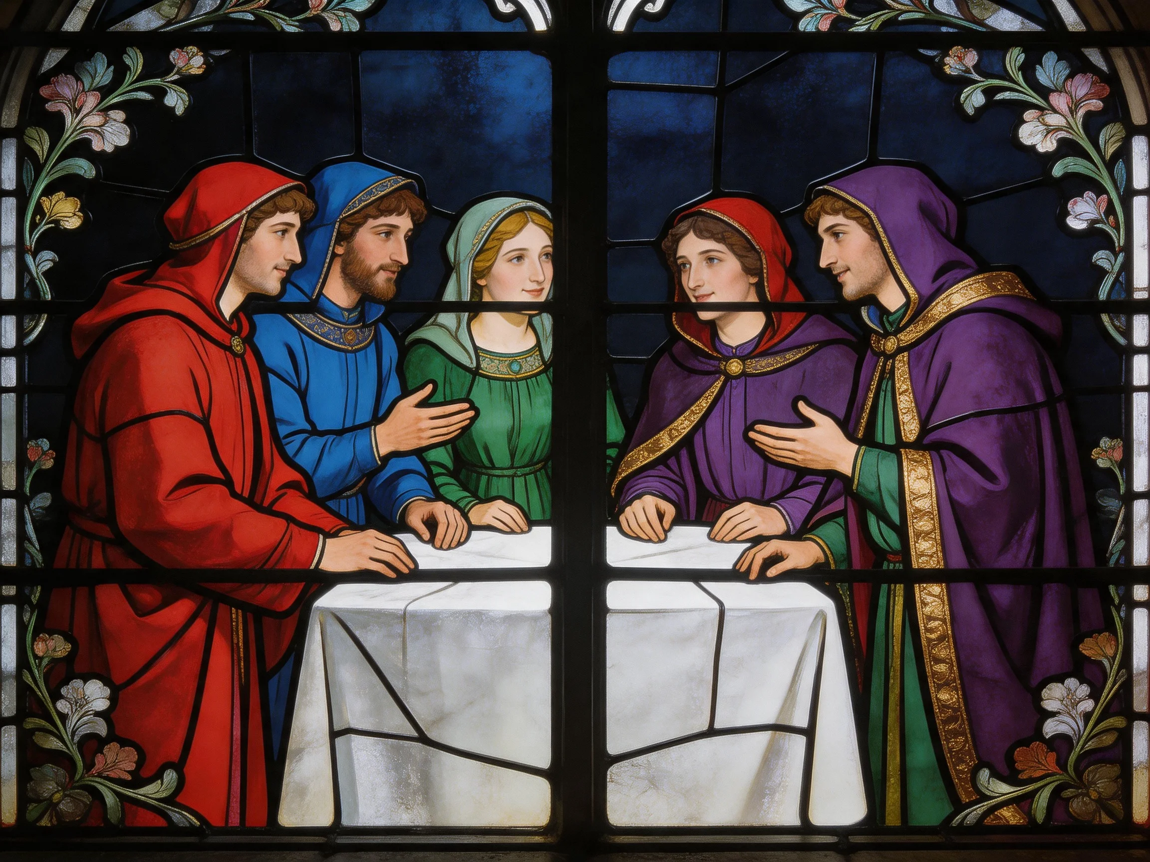 Stained Glass Window of Medieval Figures in Colorful Robes Around Tables