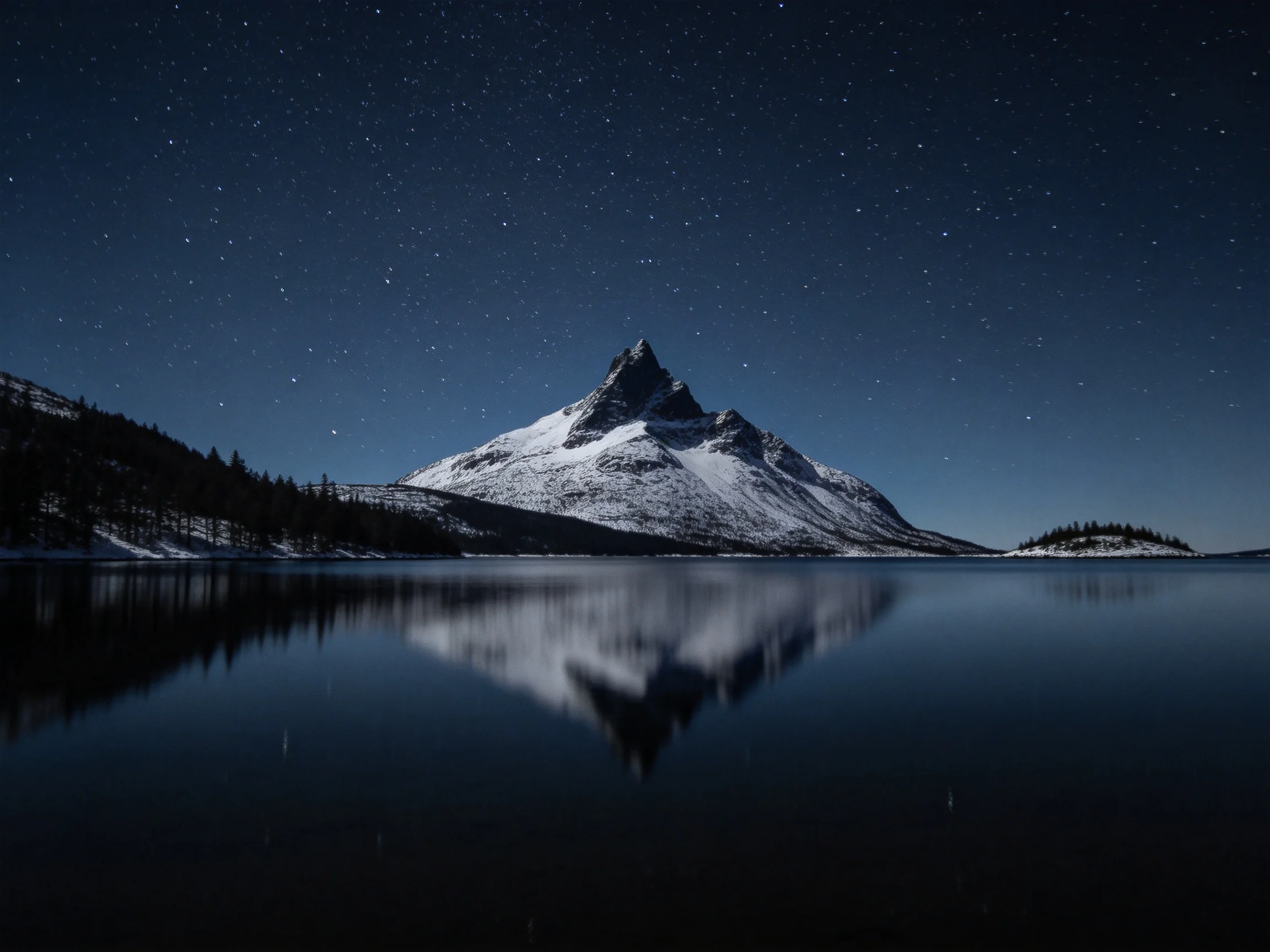 Starry Night Sky Over Snow-Capped Mountain Reflected in Calm Lake