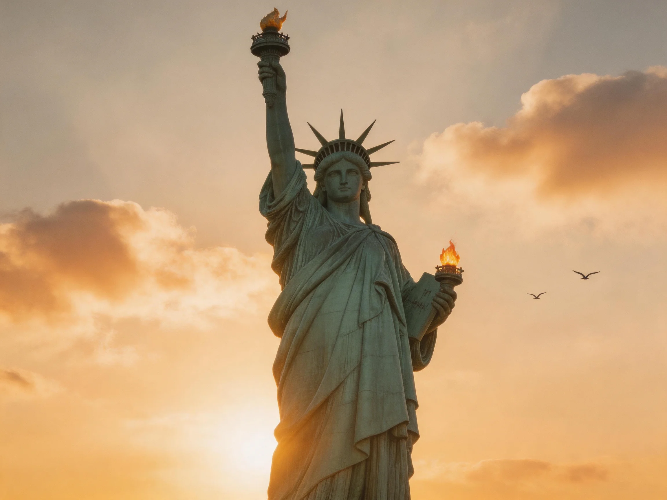 Statue of Liberty stands tall under golden sunset sky with birds