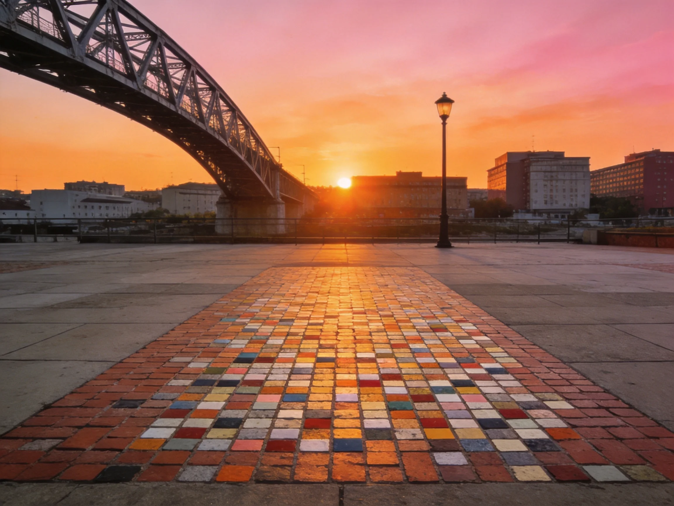 Steel arch bridge over colorful mosaic plaza at sunset