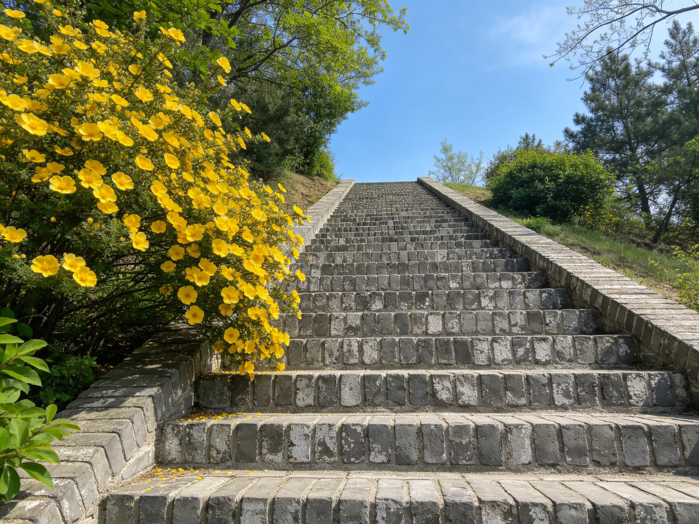 Steep stone steps bordered by yellow flowers and greenery
