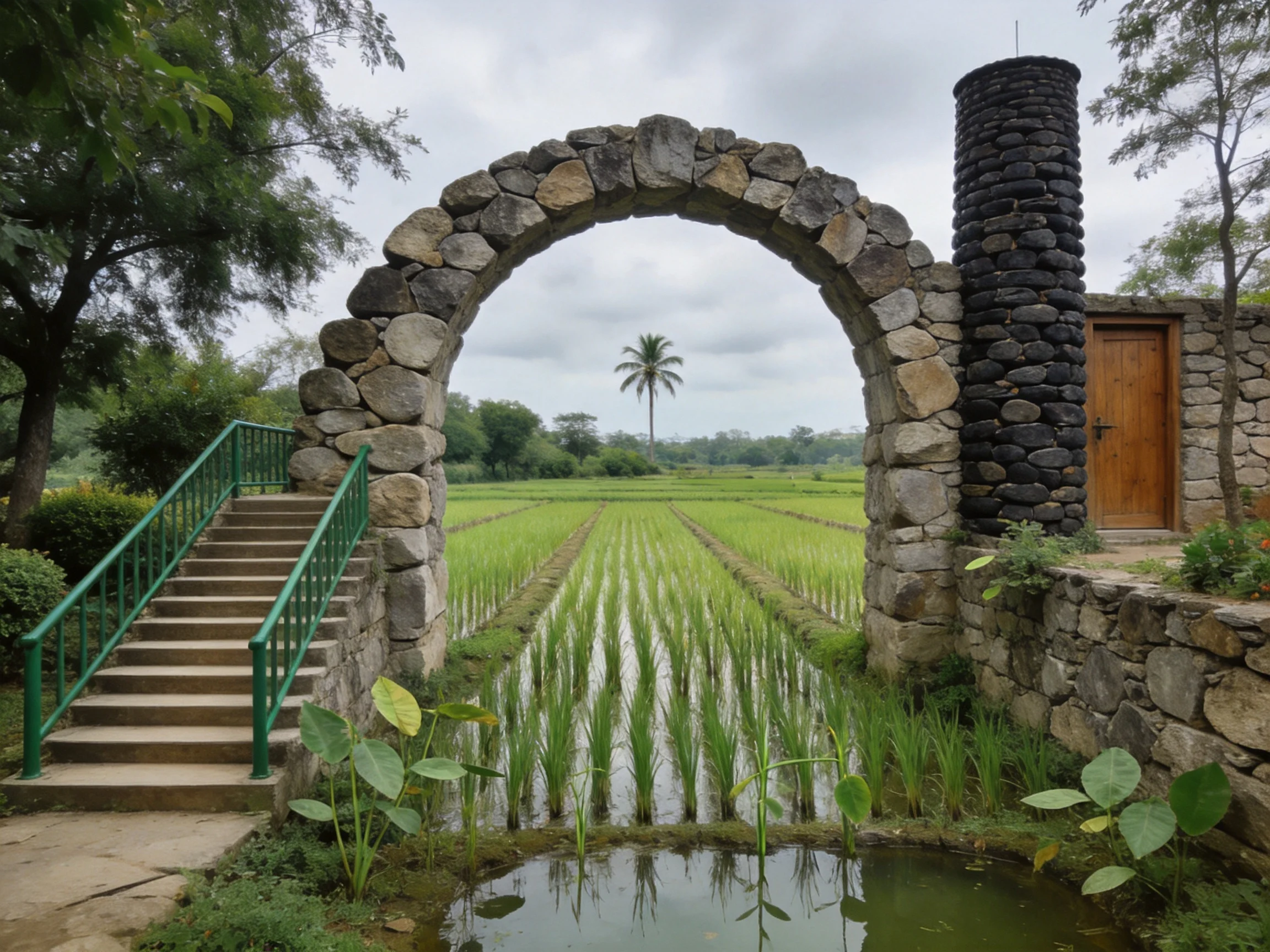 Stone Archway Overlooks Green Rice Paddies Near Wooden Door