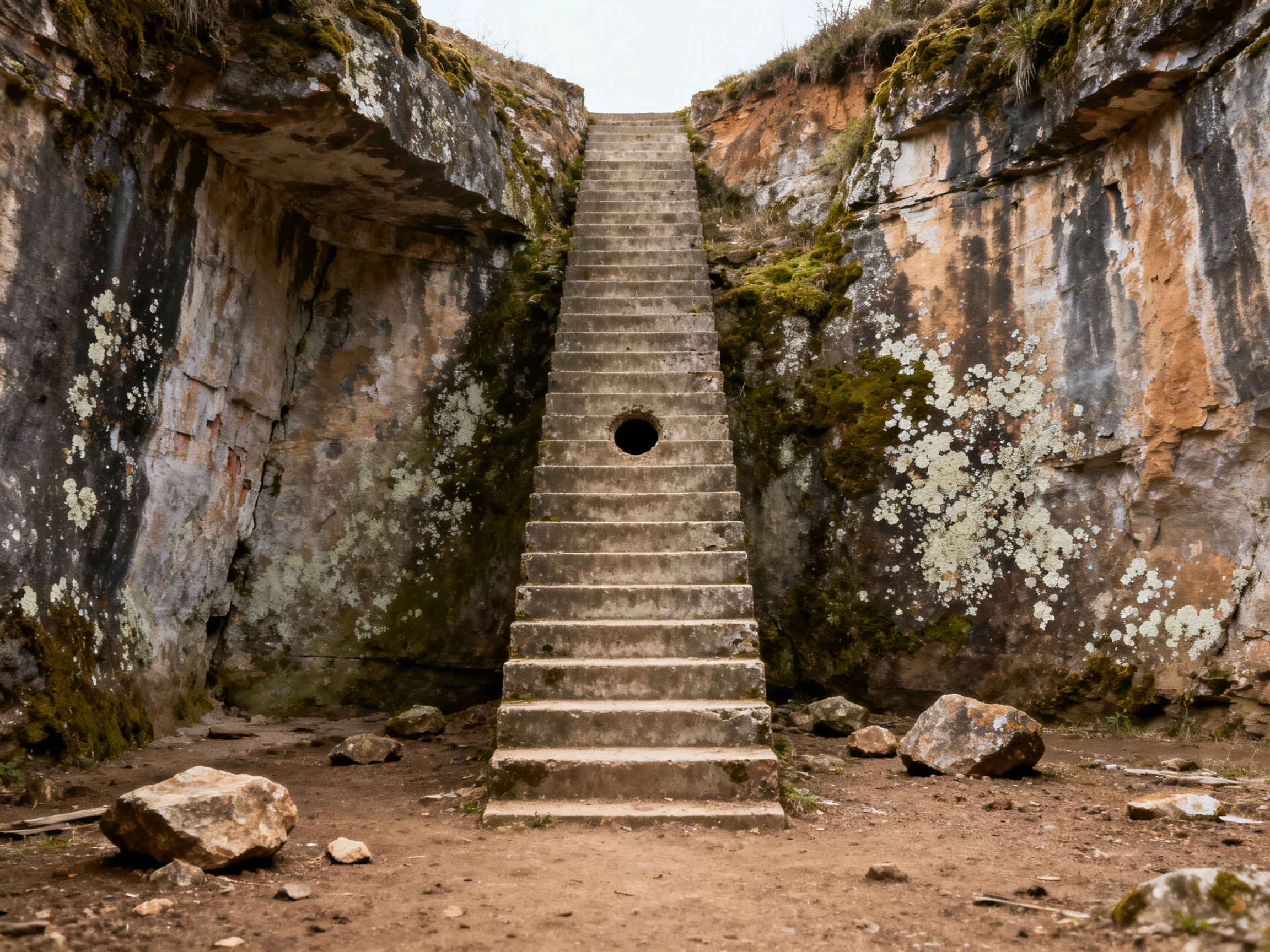 Stone Staircase Between Ancient Mossy Rocky Cliffs