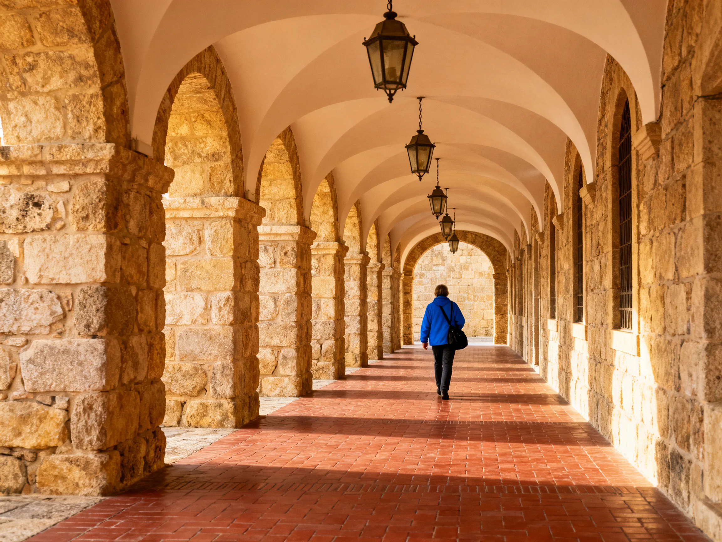 Stone-arched corridor with hanging lanterns and a person walking
