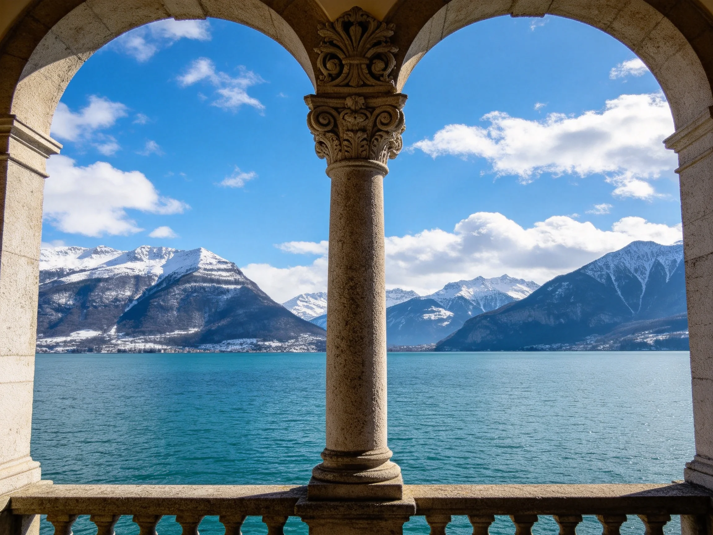 Stone archway frames turquoise lake with snow - capped mountains