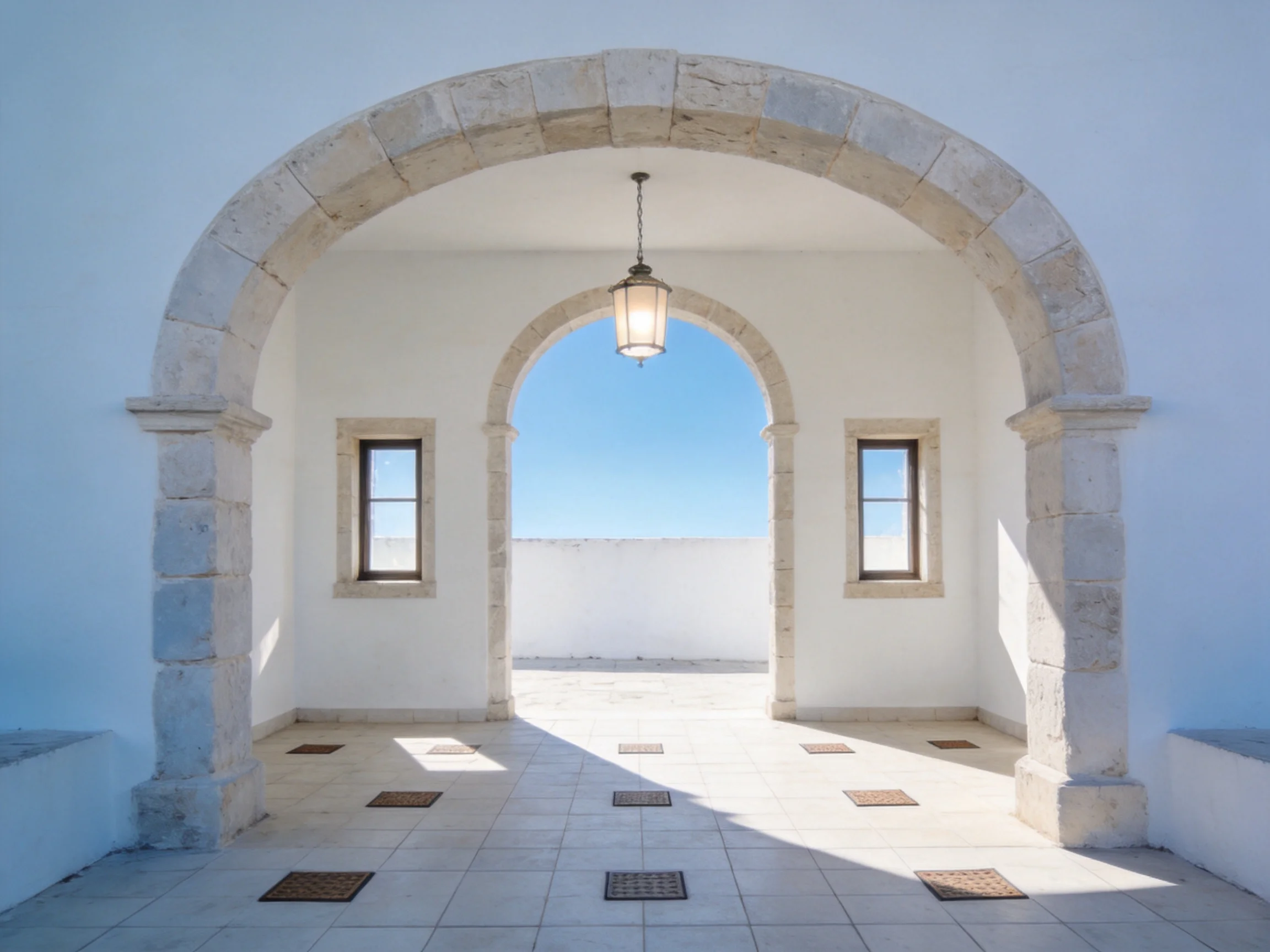 Stone archway with white walls and tiled flooring under clear blue sky