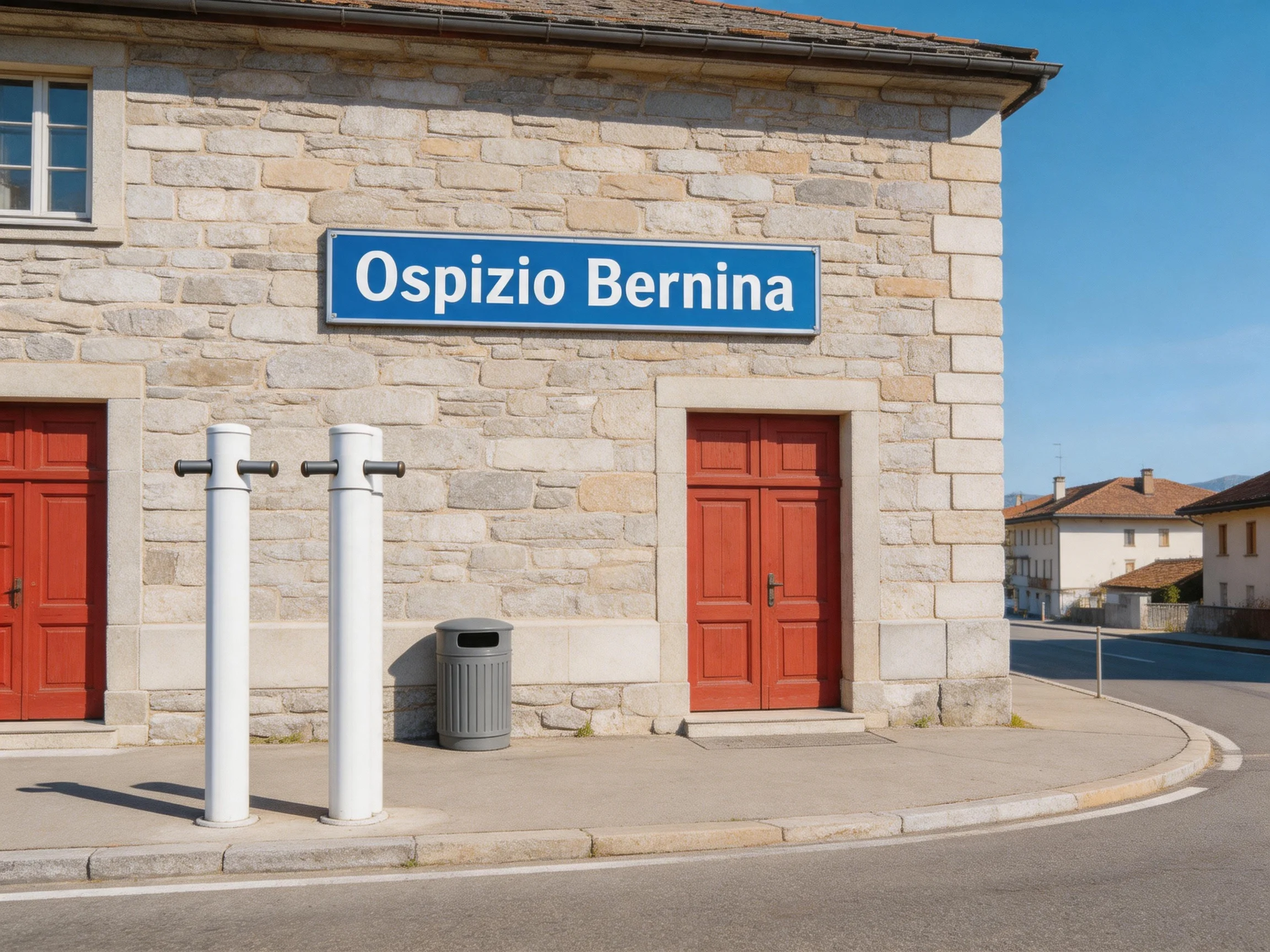 Stone building with Ospizio Bernina sign, red doors, white bollards