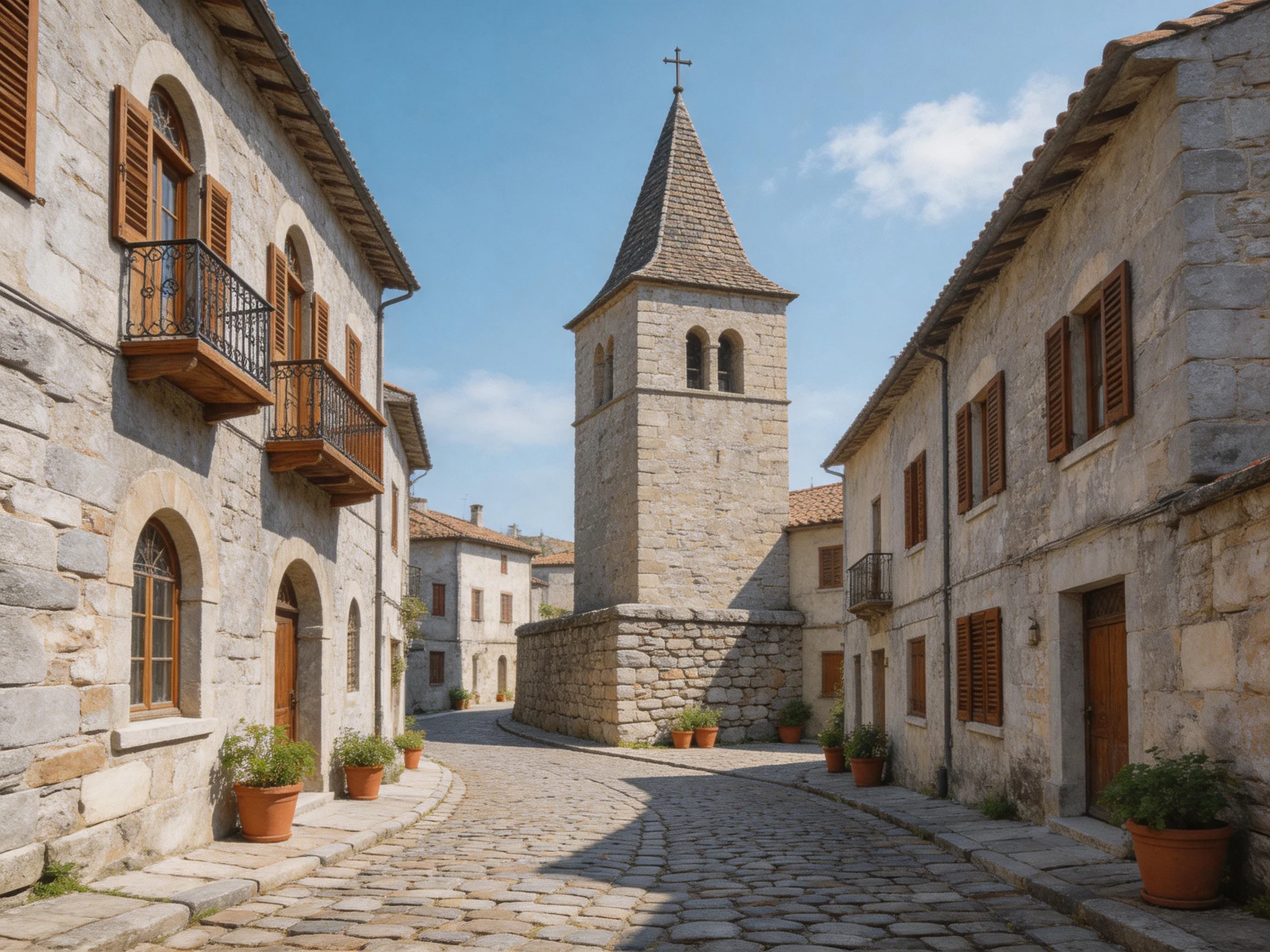 Stone buildings and a church tower frame a cobblestone village square