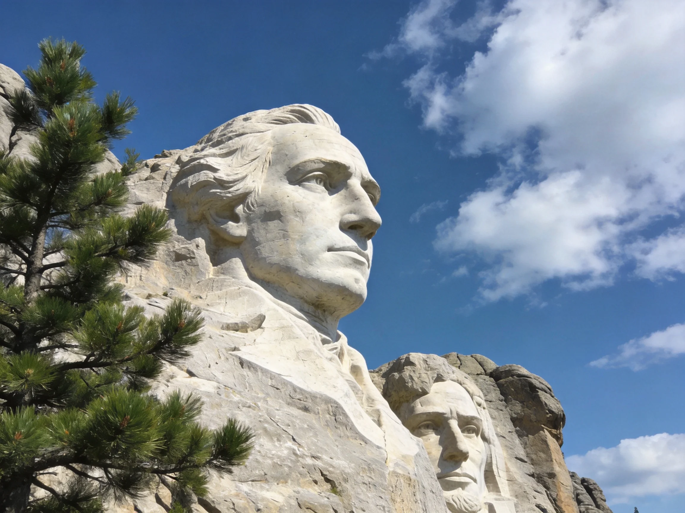 Stone sculptures of historical figures at Mount Rushmore under bright blue sky