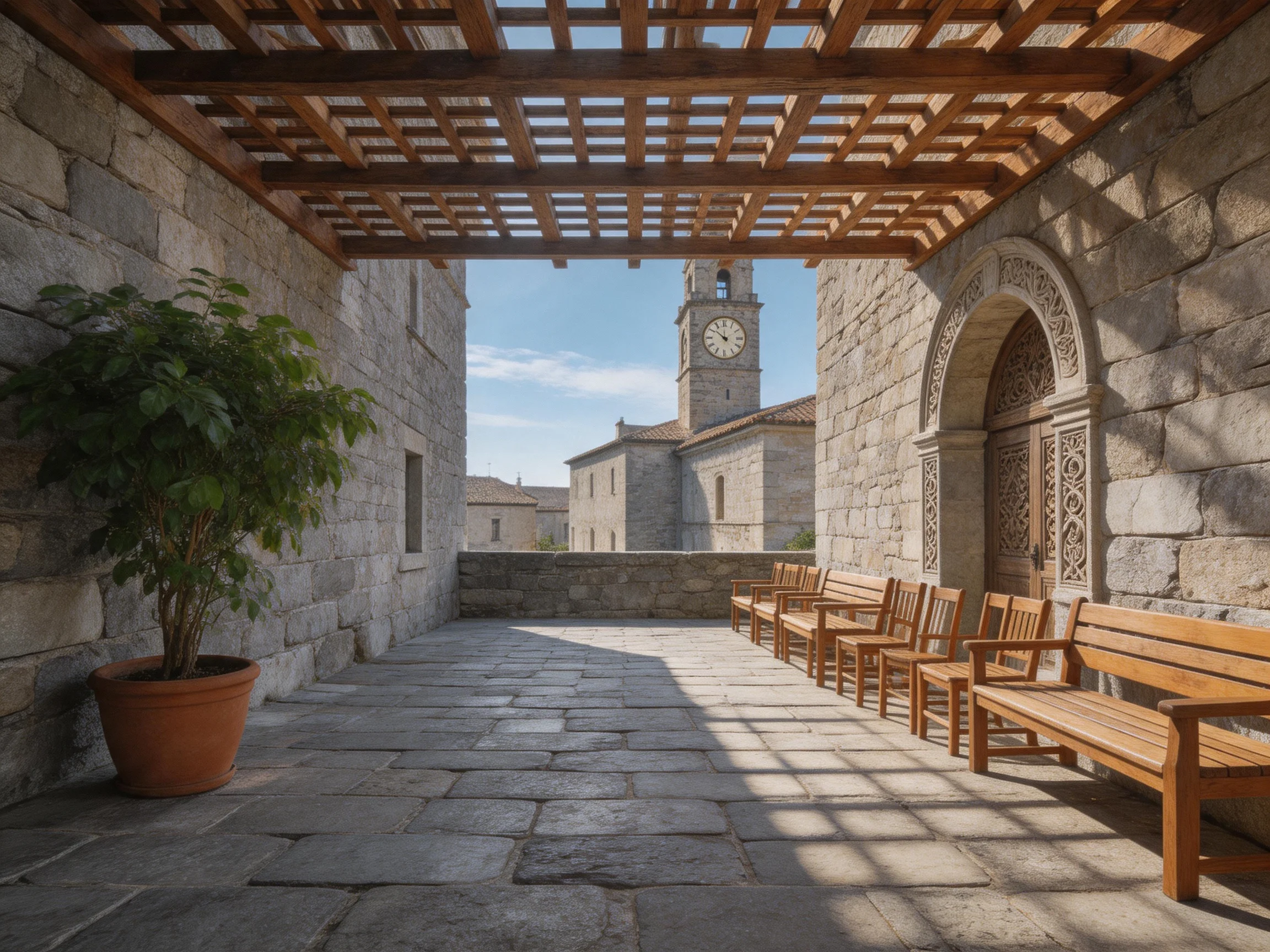 Stone-walled courtyard with wooden benches and clock tower