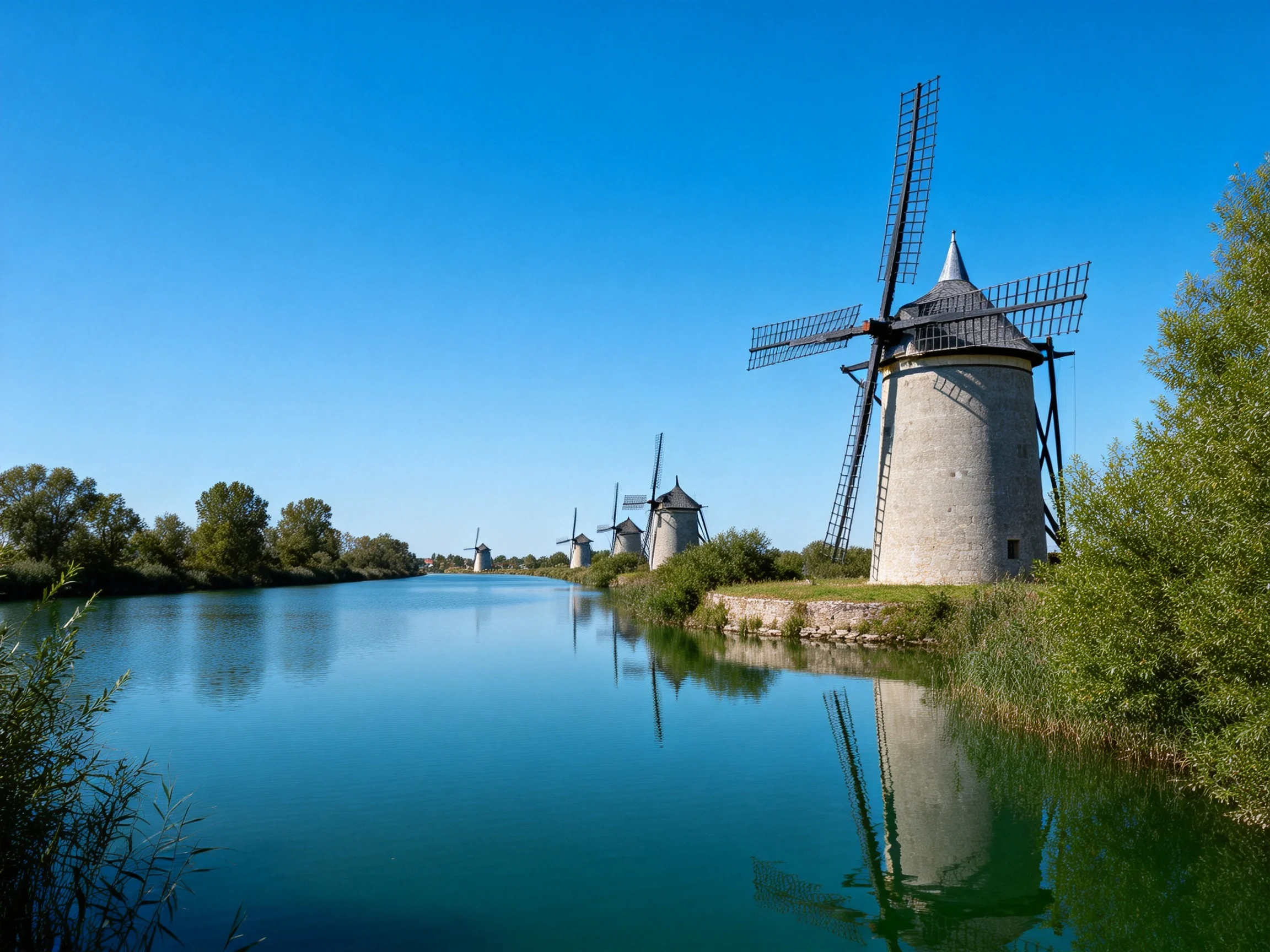 Stone windmills sit beside a calm river reflecting the blue sky