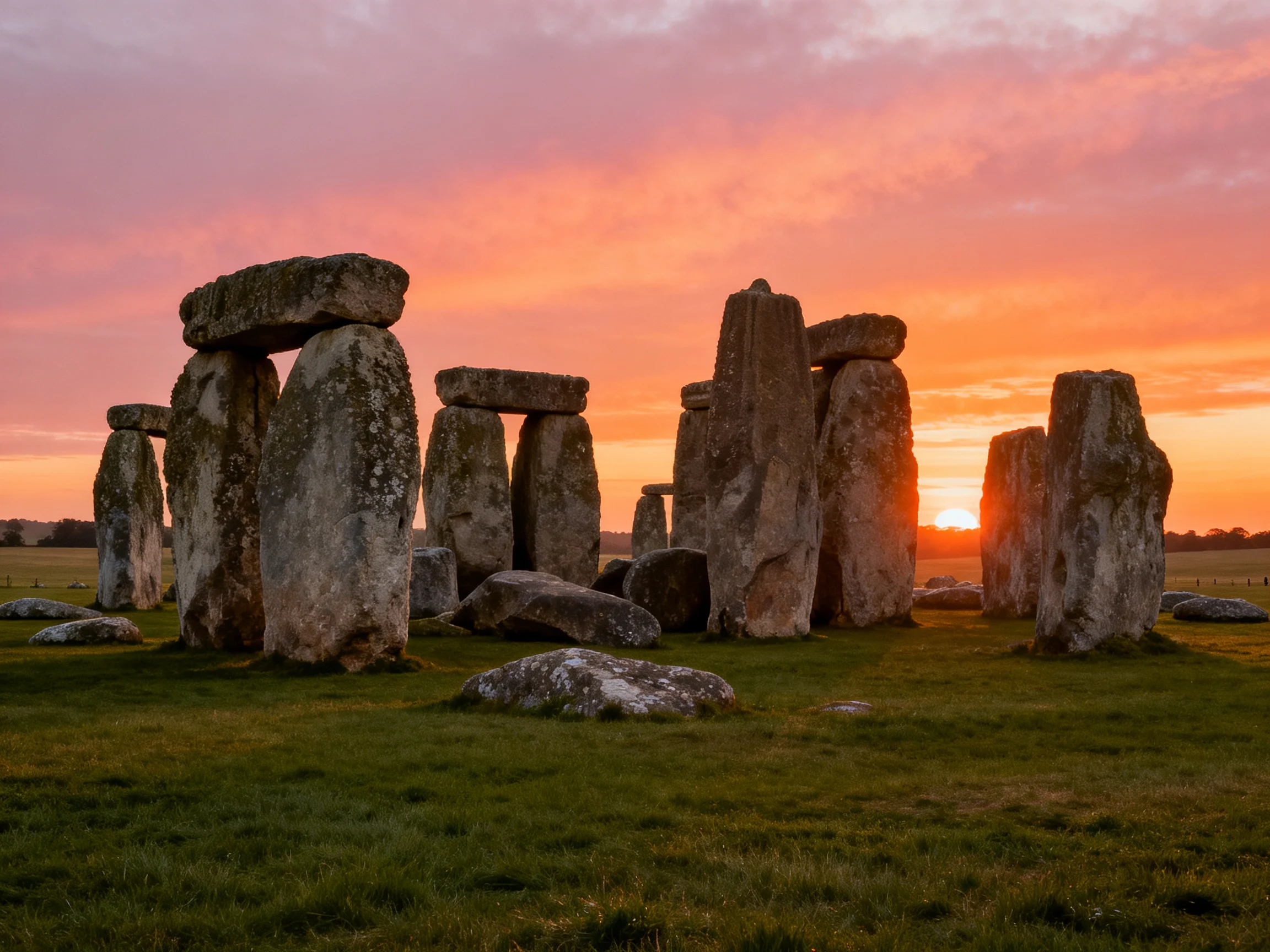 Stonehenge stones bathed in warm sunset glow