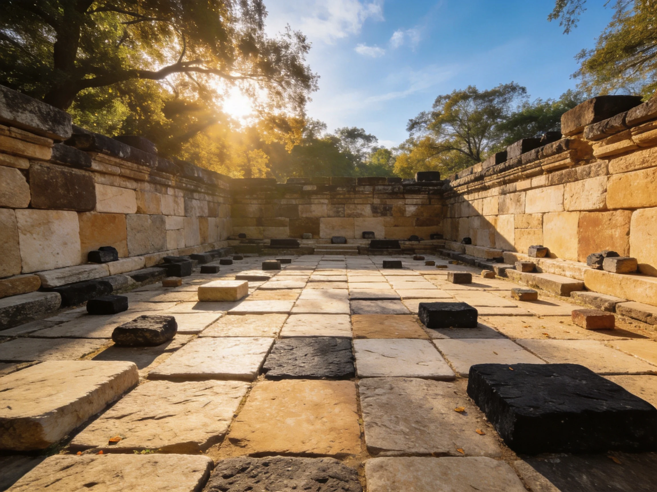 Sunlit Ancient Ruin Site with Varied Stone Blocks