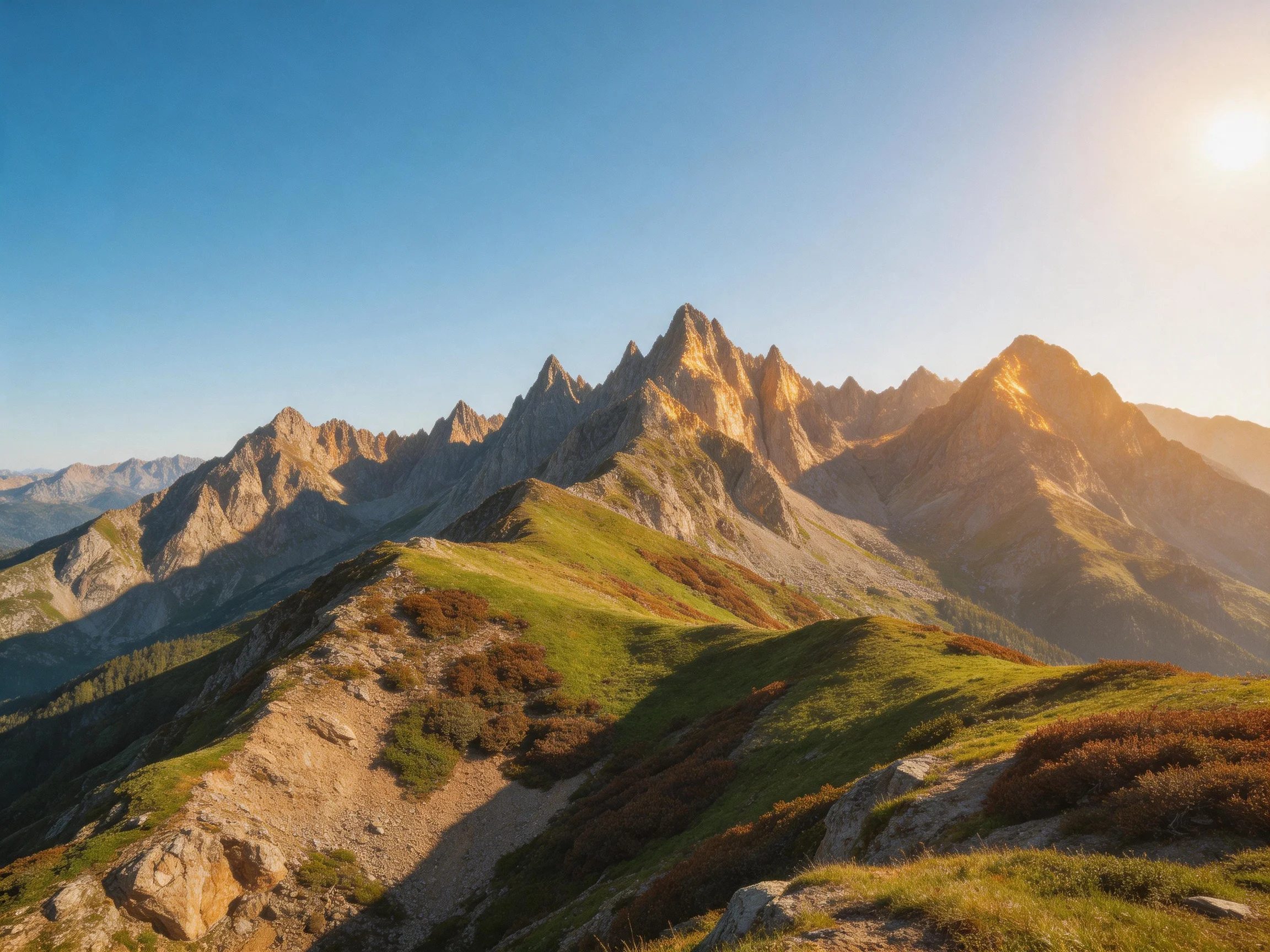 Sunlit Mountain Peaks with Green Slopes and Rocky Terrain