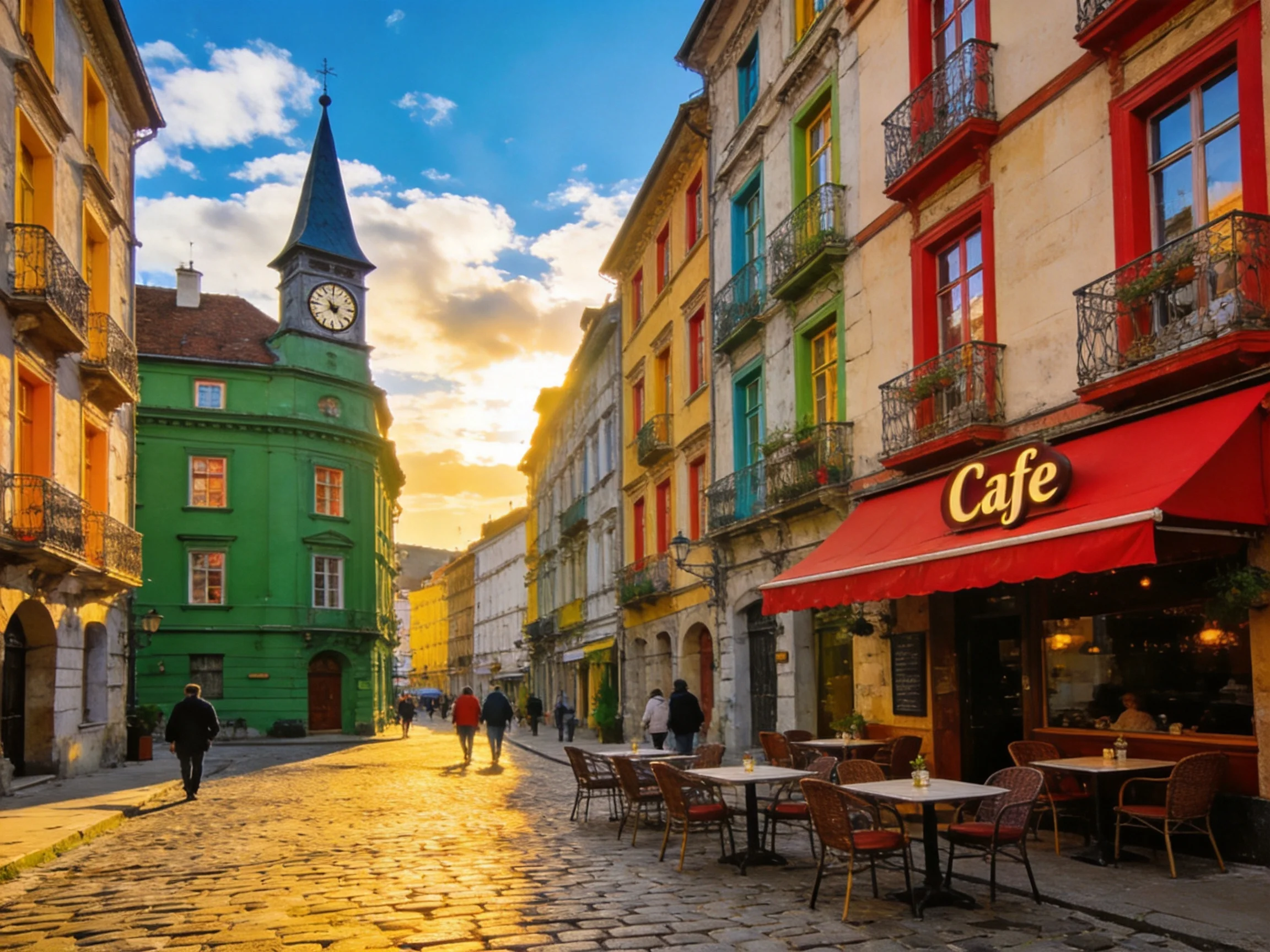Sunny streets showcase vibrant old buildings, a green clock tower, and a red-cafe with pedestrians
