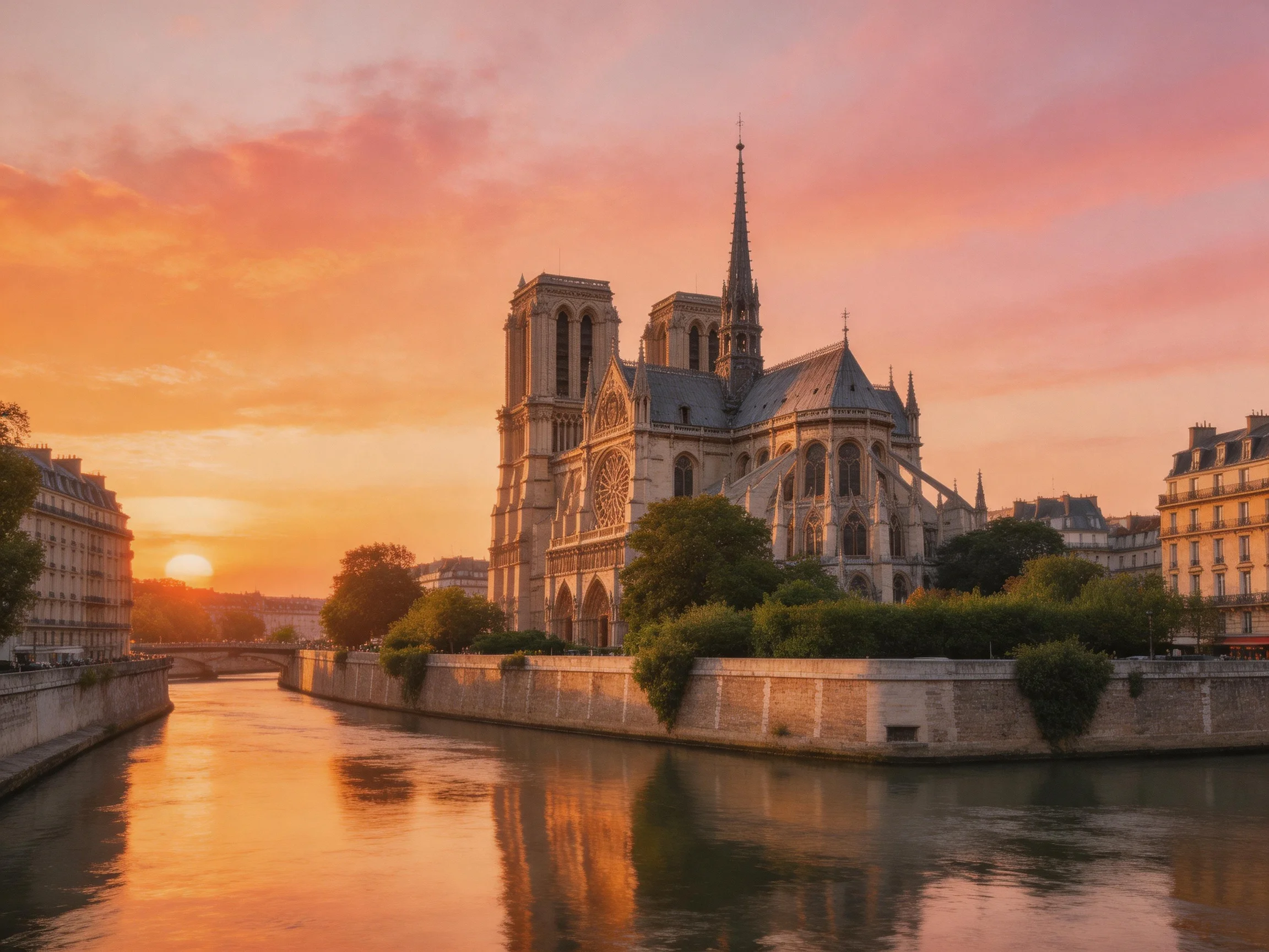 Sunset highlights historic cathedral by reflective river