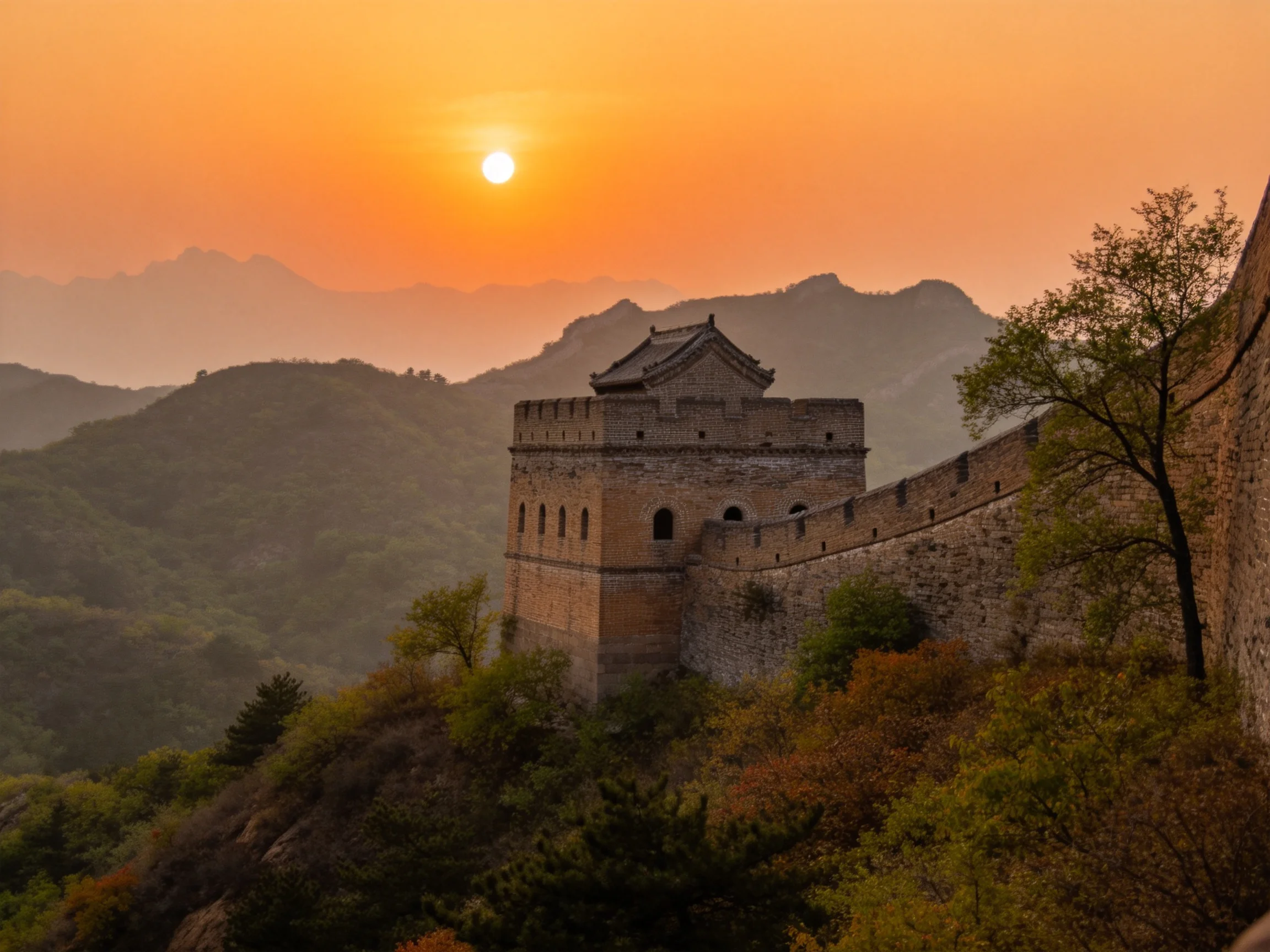 Sunset illuminates ancient stone watchtower on Great Wall with mountainous backdrop