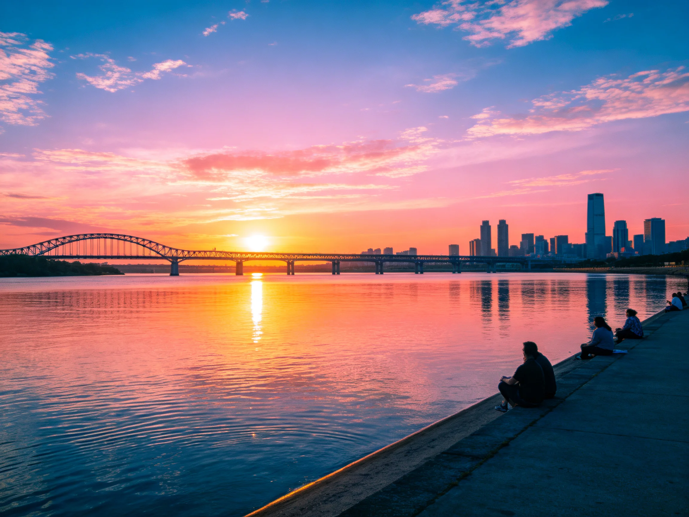 Sunset over a calm river with an arched bridge and city skyline