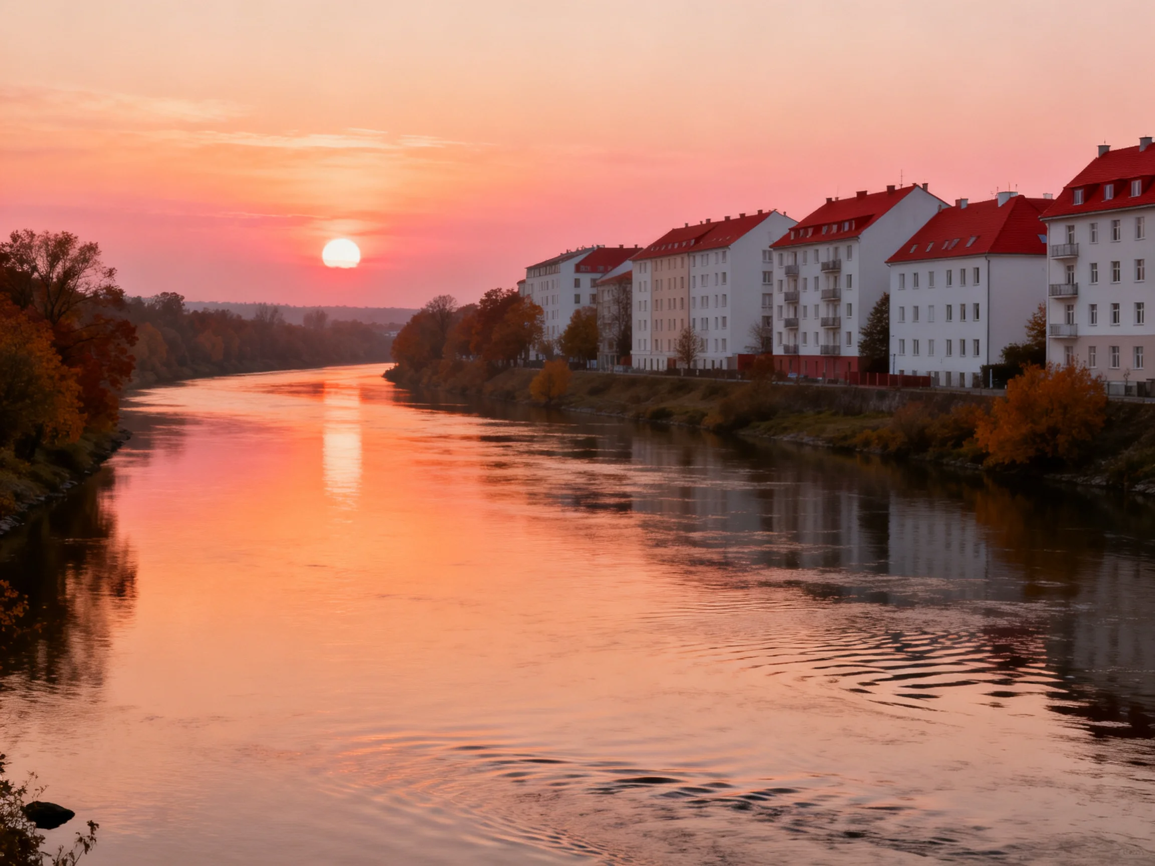 Sunset over a calm river with white buildings and red roofs