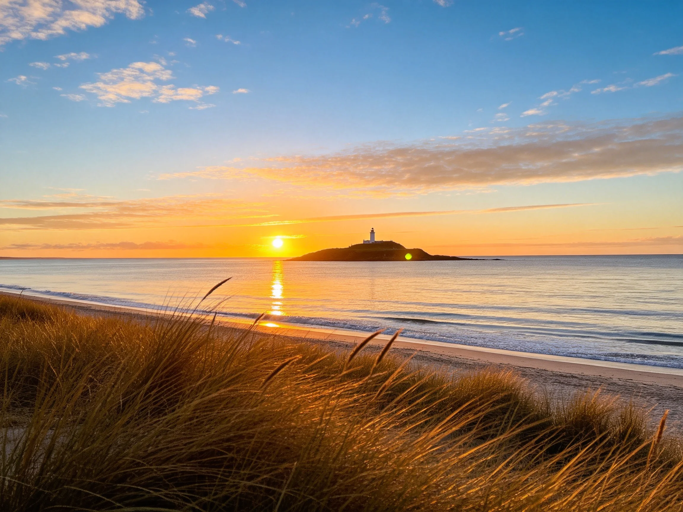 Sunset over calm sea with sandy beach and distant lighthouse