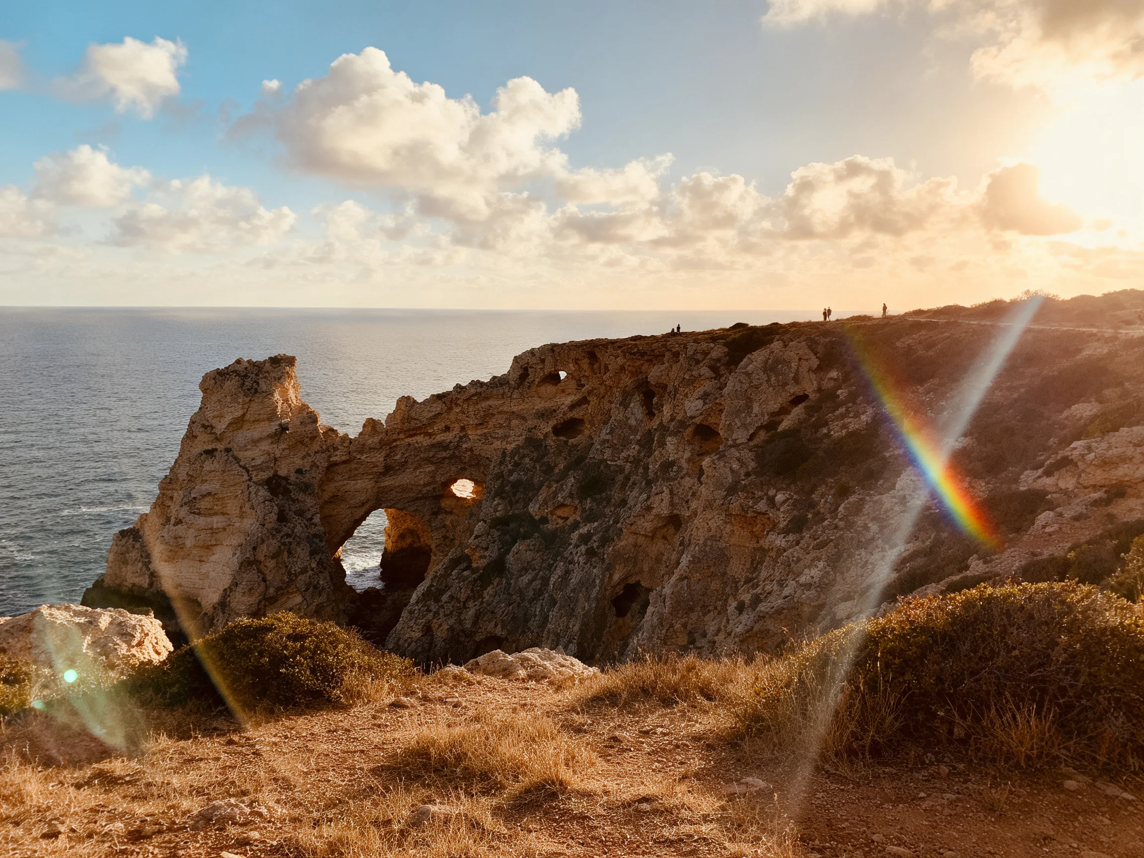 Sunset over rugged coastal cliffs with natural rock arch