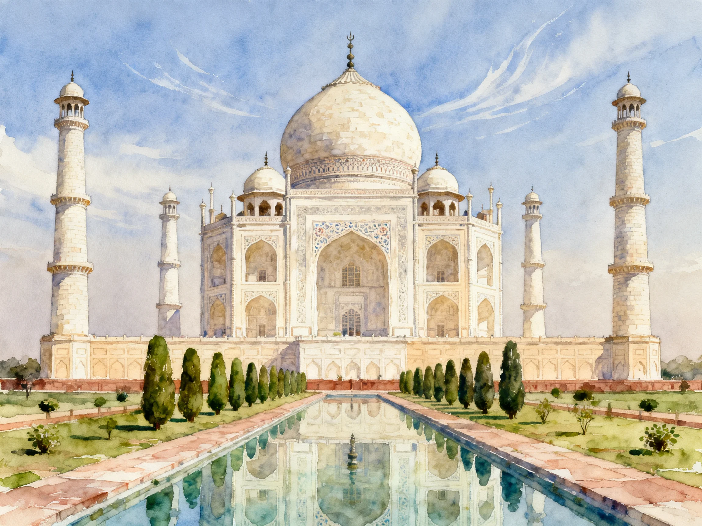 Taj Mahal Watercolor Depiction of Iconic White Mausoleum with Reflecting Pool
