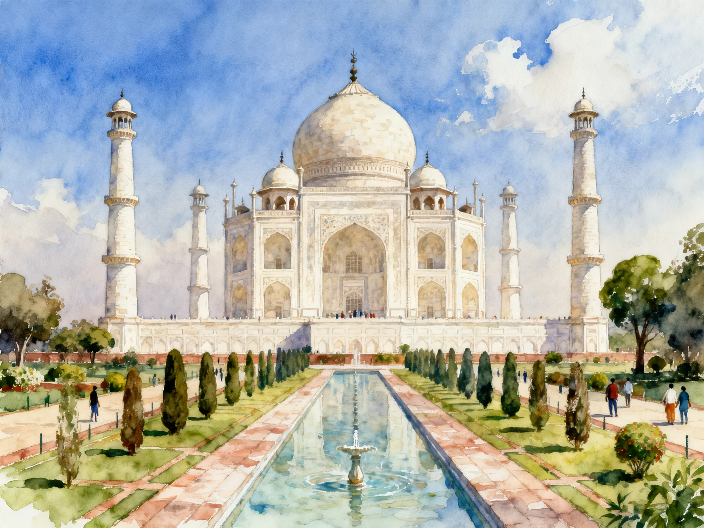 Taj Mahal Watercolor Scene: White Marble, Blue Sky, and Formal Gardens