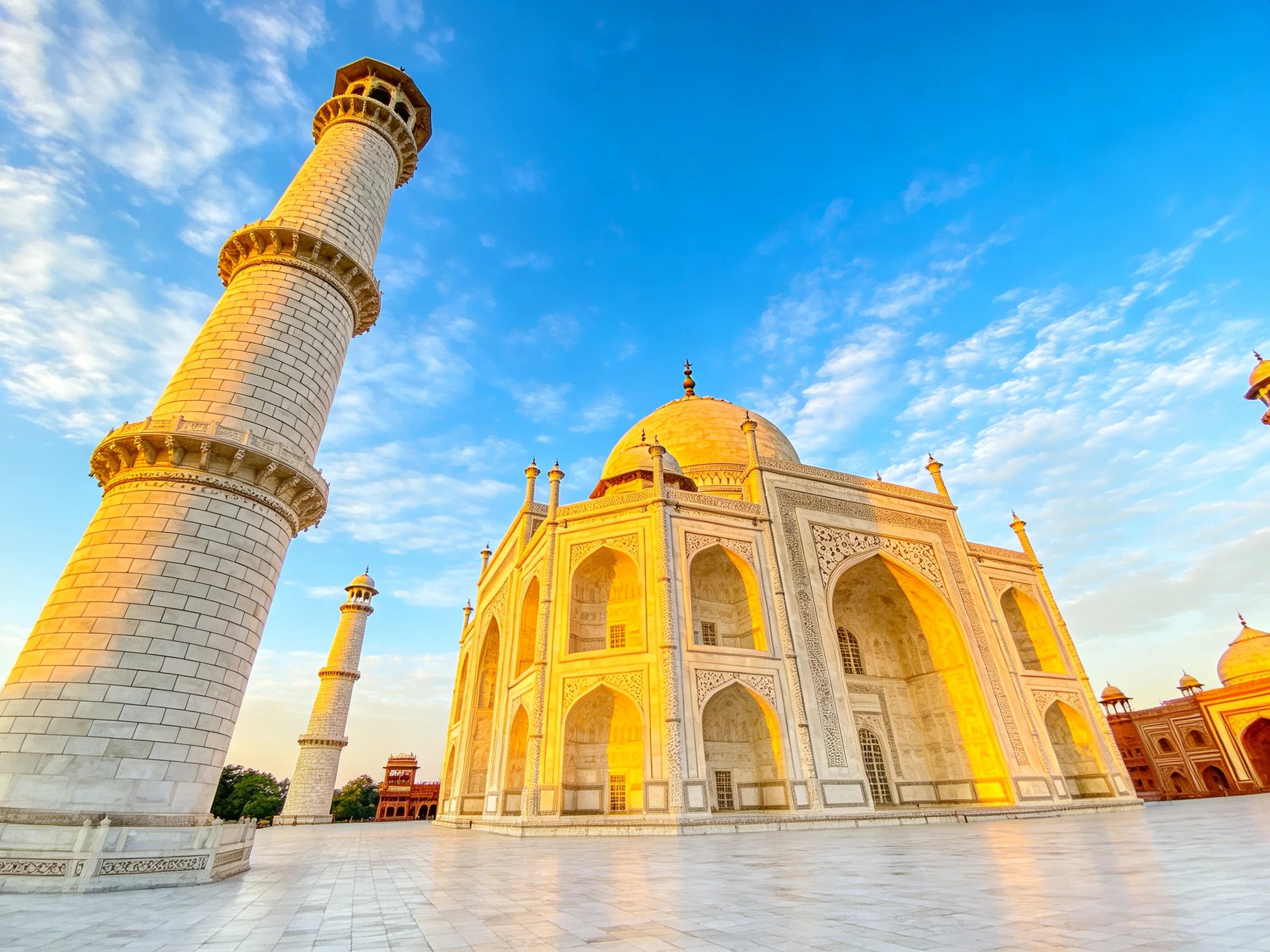 Taj Mahal and Minarets Illuminated by Golden Sunset Light