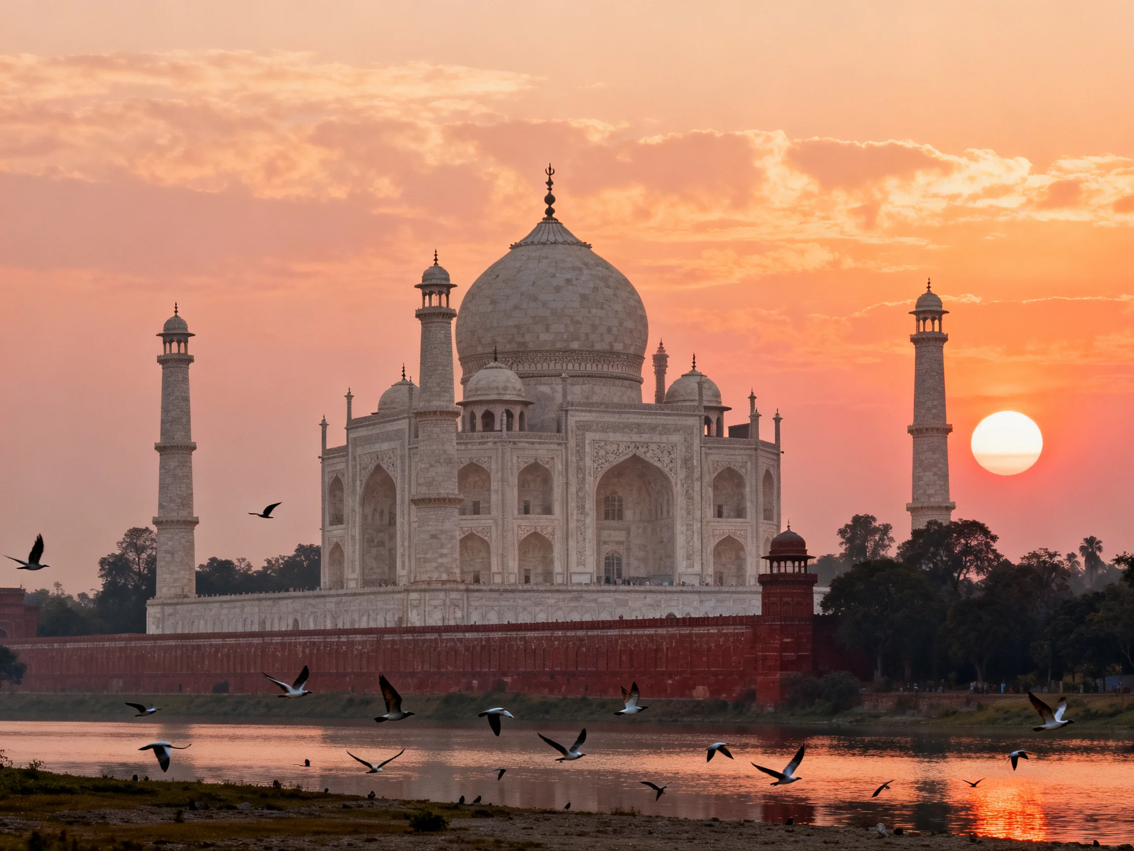 Taj Mahal at Sunset with Birds Over Reflective Water