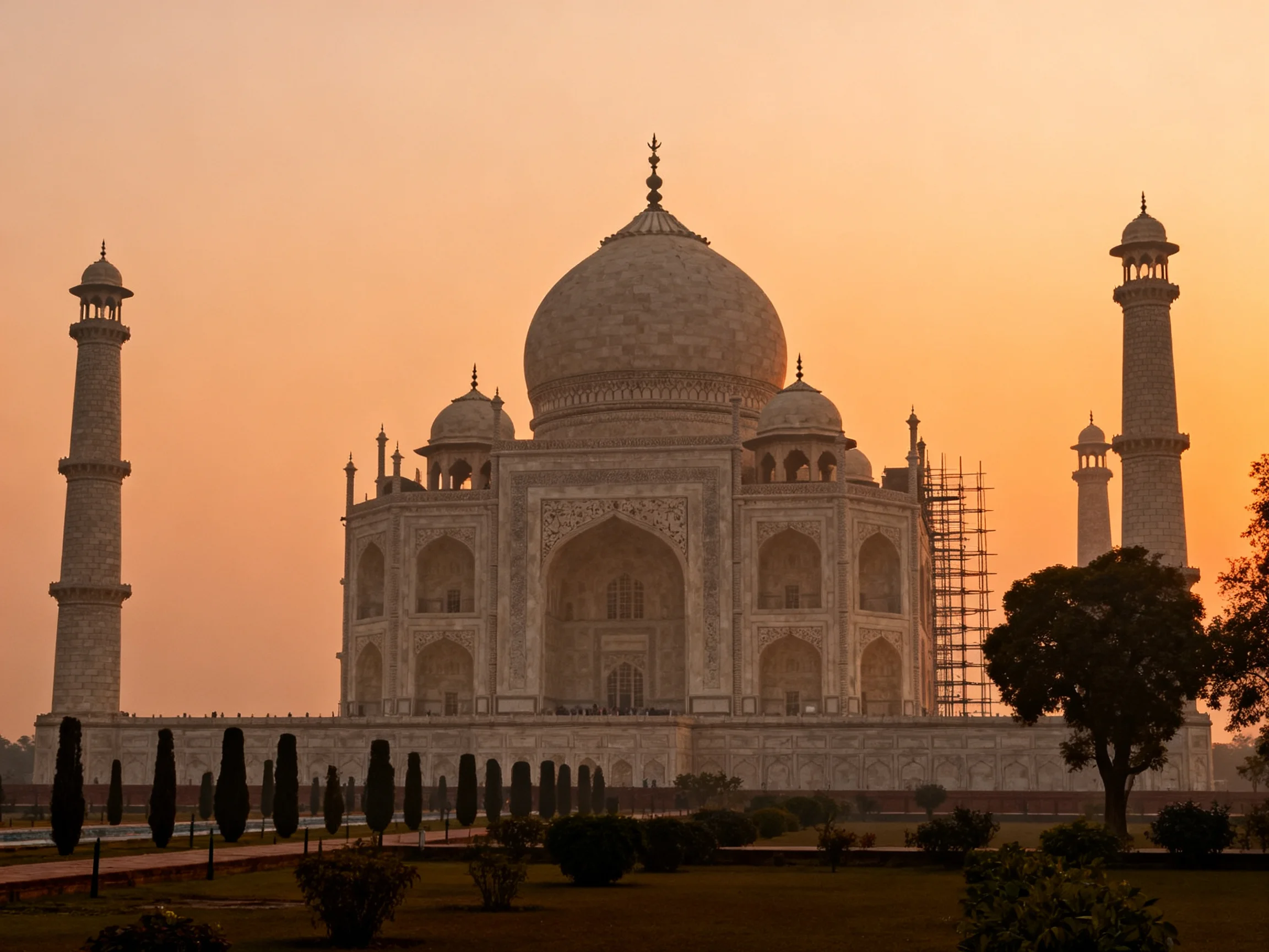 Taj Mahal at Sunset with Four Minarets and Scaffolding
